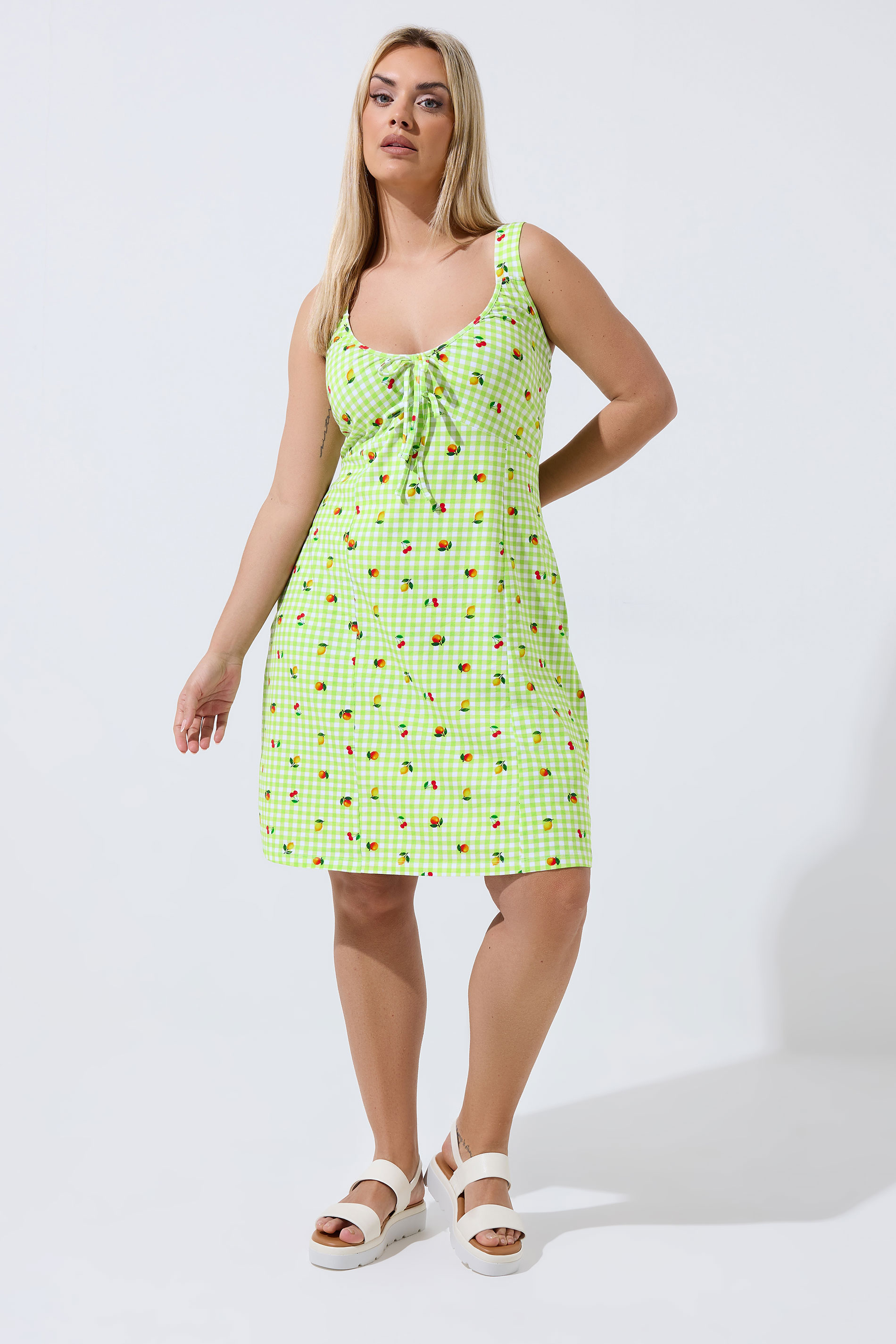 LIMITED COLLECTION Plus Size Green Gingham Fruit Print Mini Dress | Yours Clothing 1