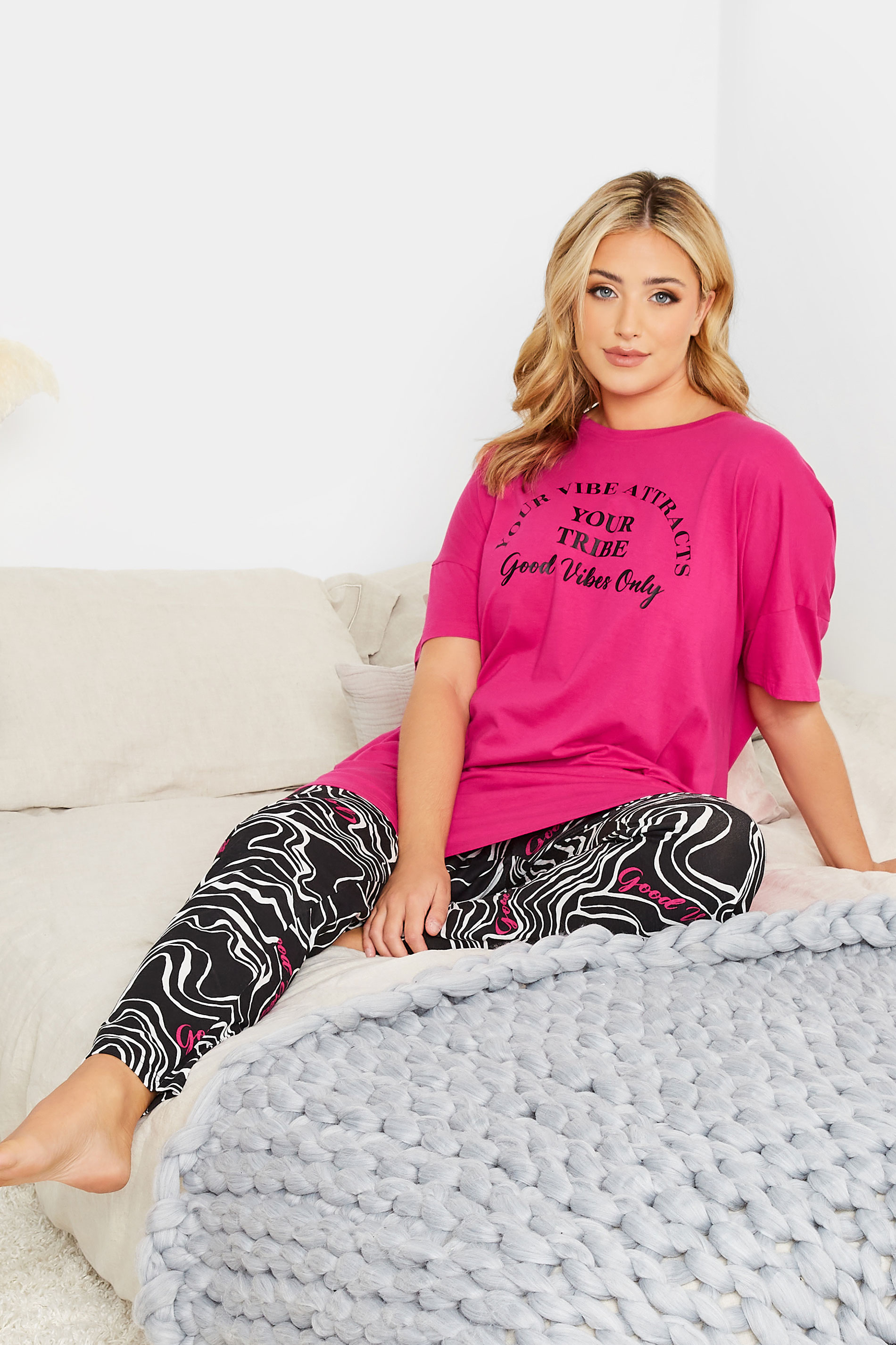 Plus Size Pink & Black 'Good Vibes Only' Slogan Pyjama Set | Yours Clothing 1