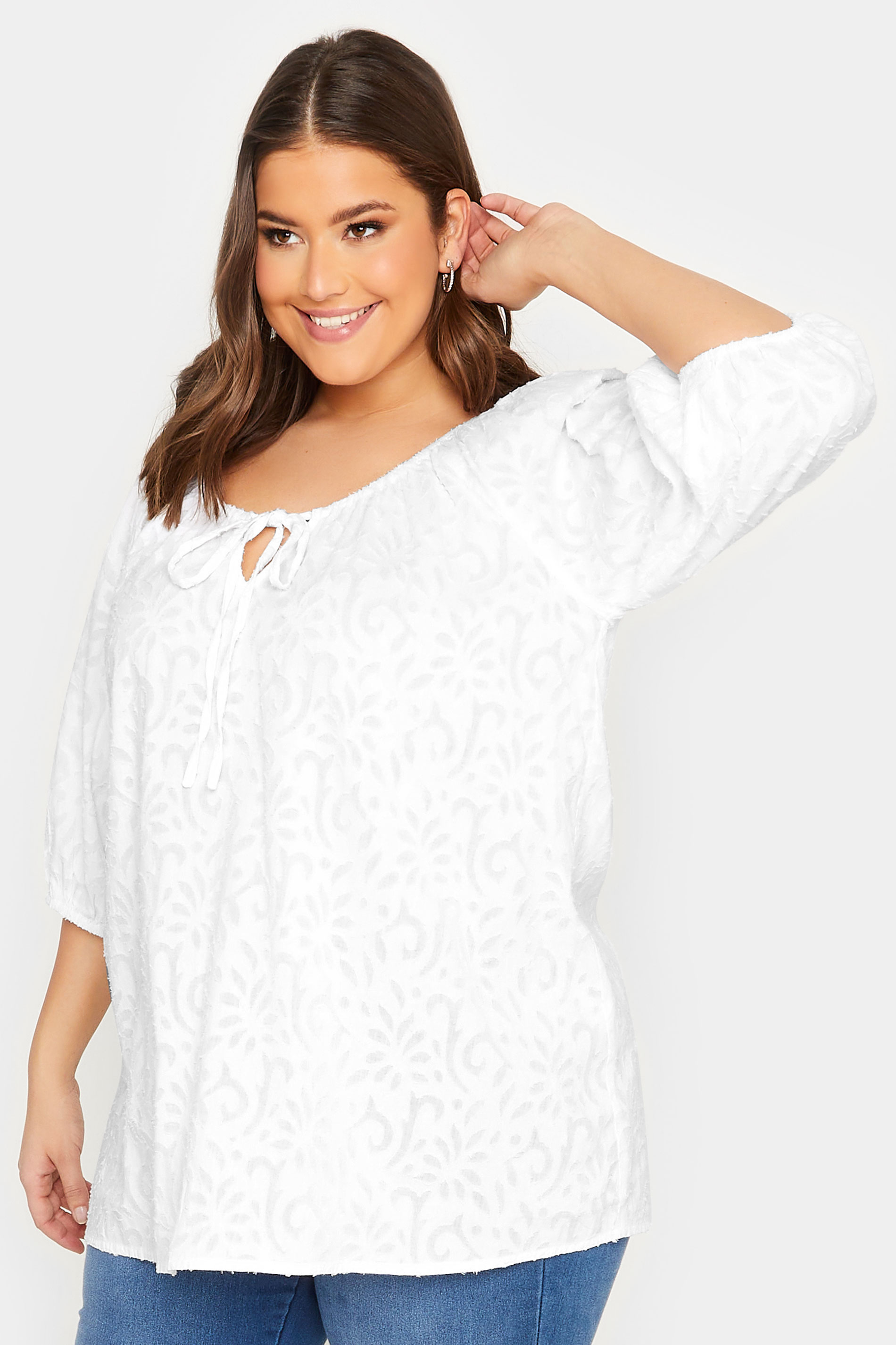 YOURS Plus Size Curve White Gypsy Textured Top | Yours Clothing  1