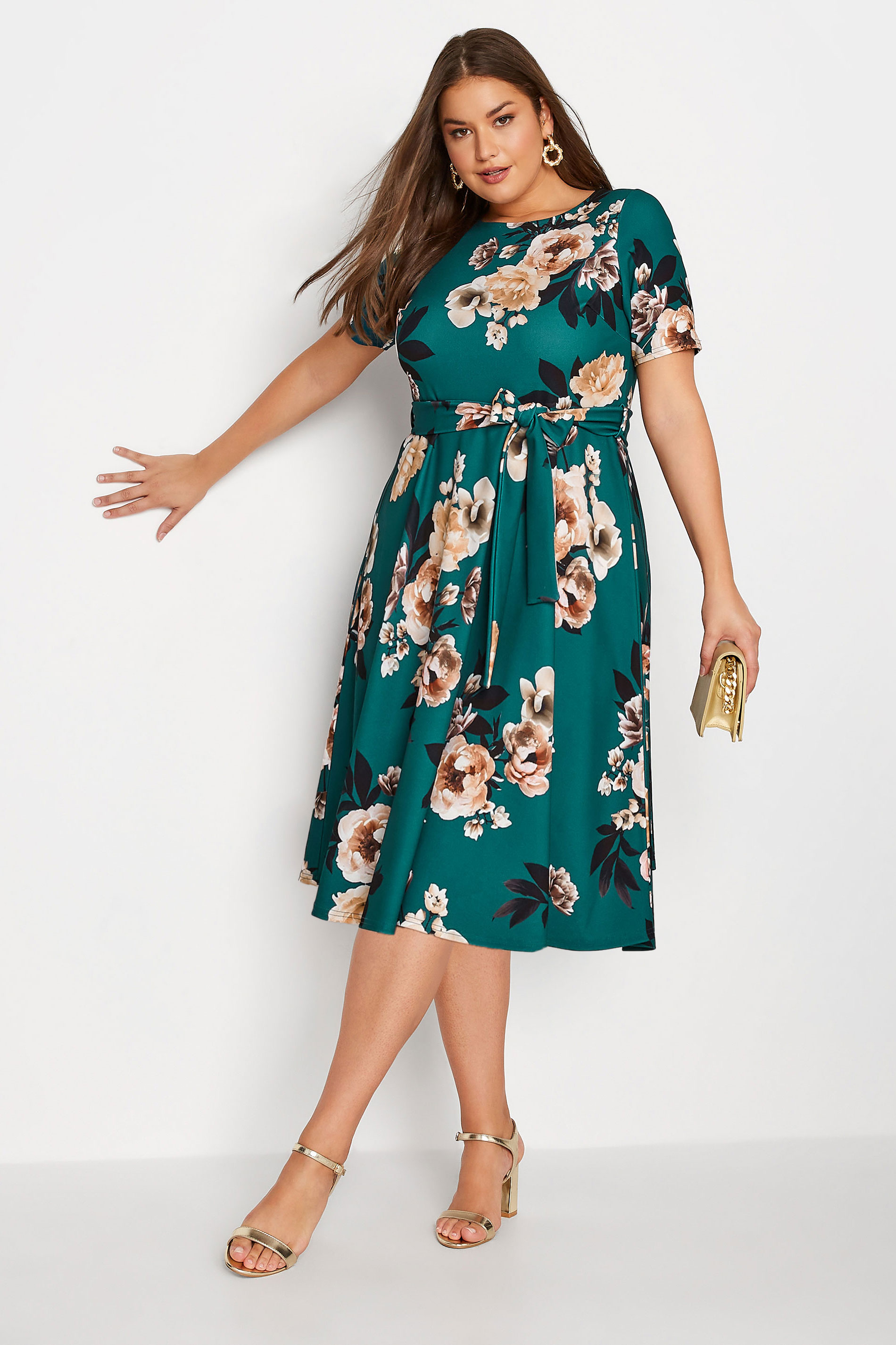 YOURS LONDON Plus Size Green Floral Print Midi Skater Dress | Yours Clothing 1