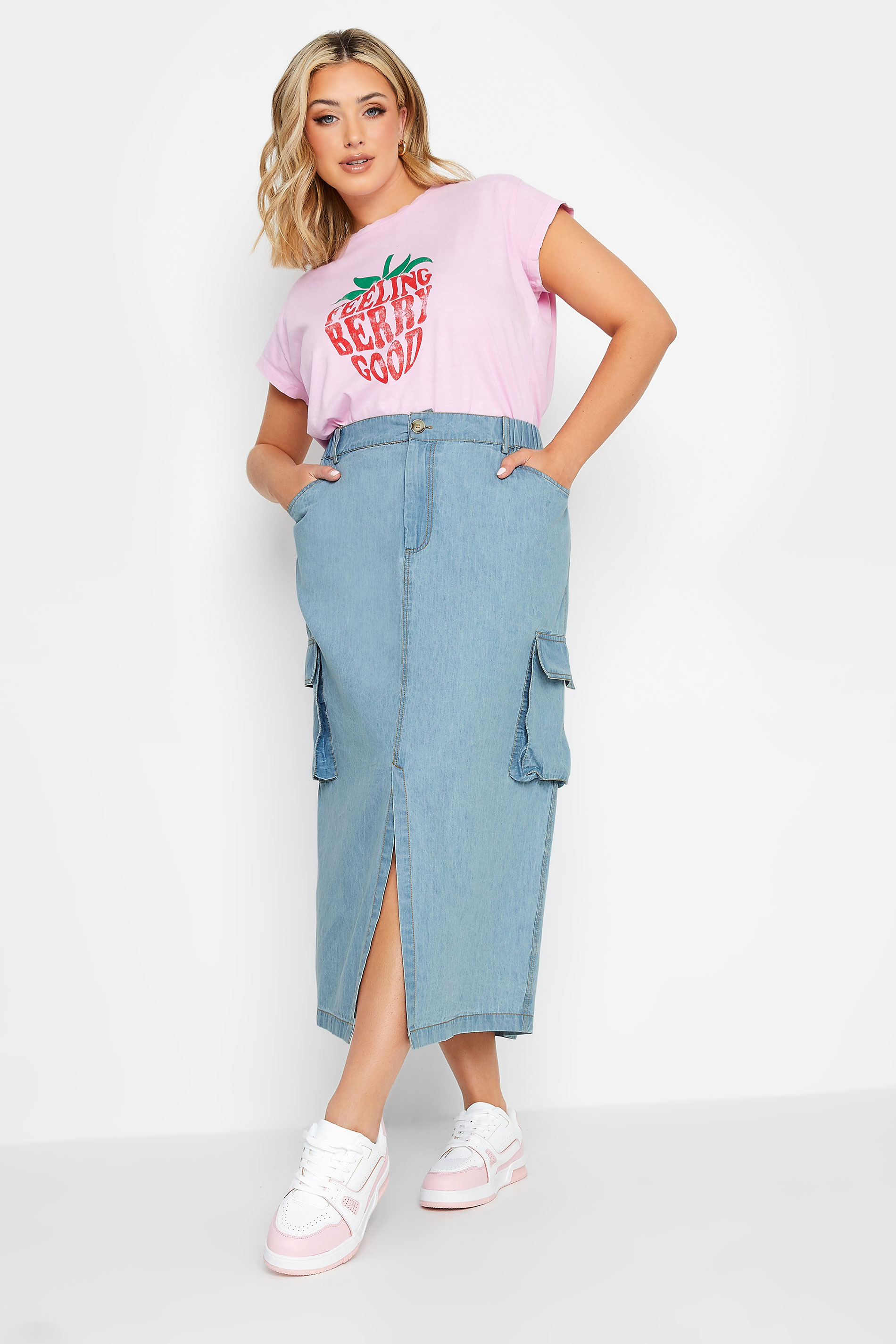 YOURS Plus Size Blue Split Hem Denim Midi Skirt | Yours Clothing  2