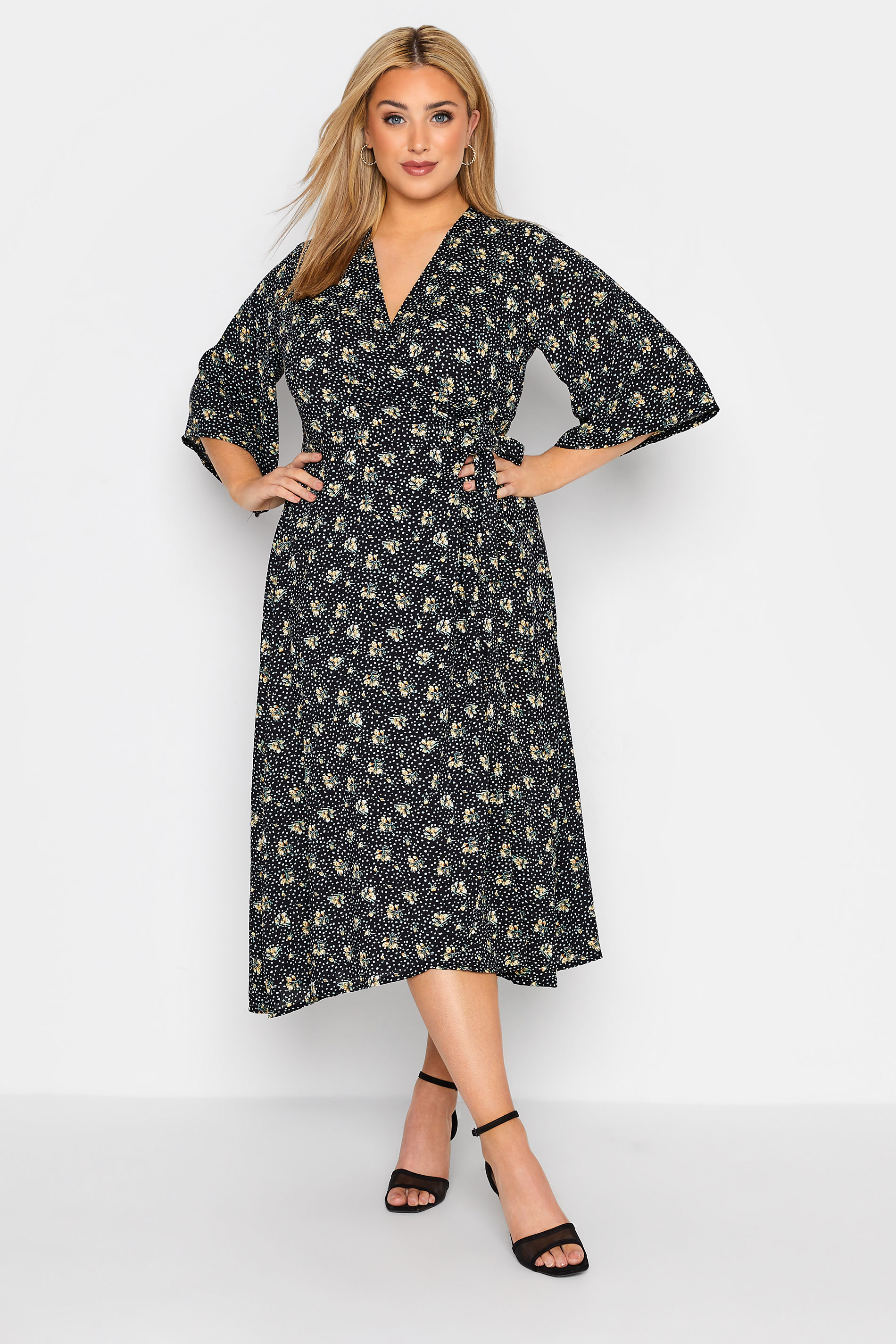 YOURS LONDON Plus Size Black Floral Midaxi Wrap Dress | Yours Clothing 1