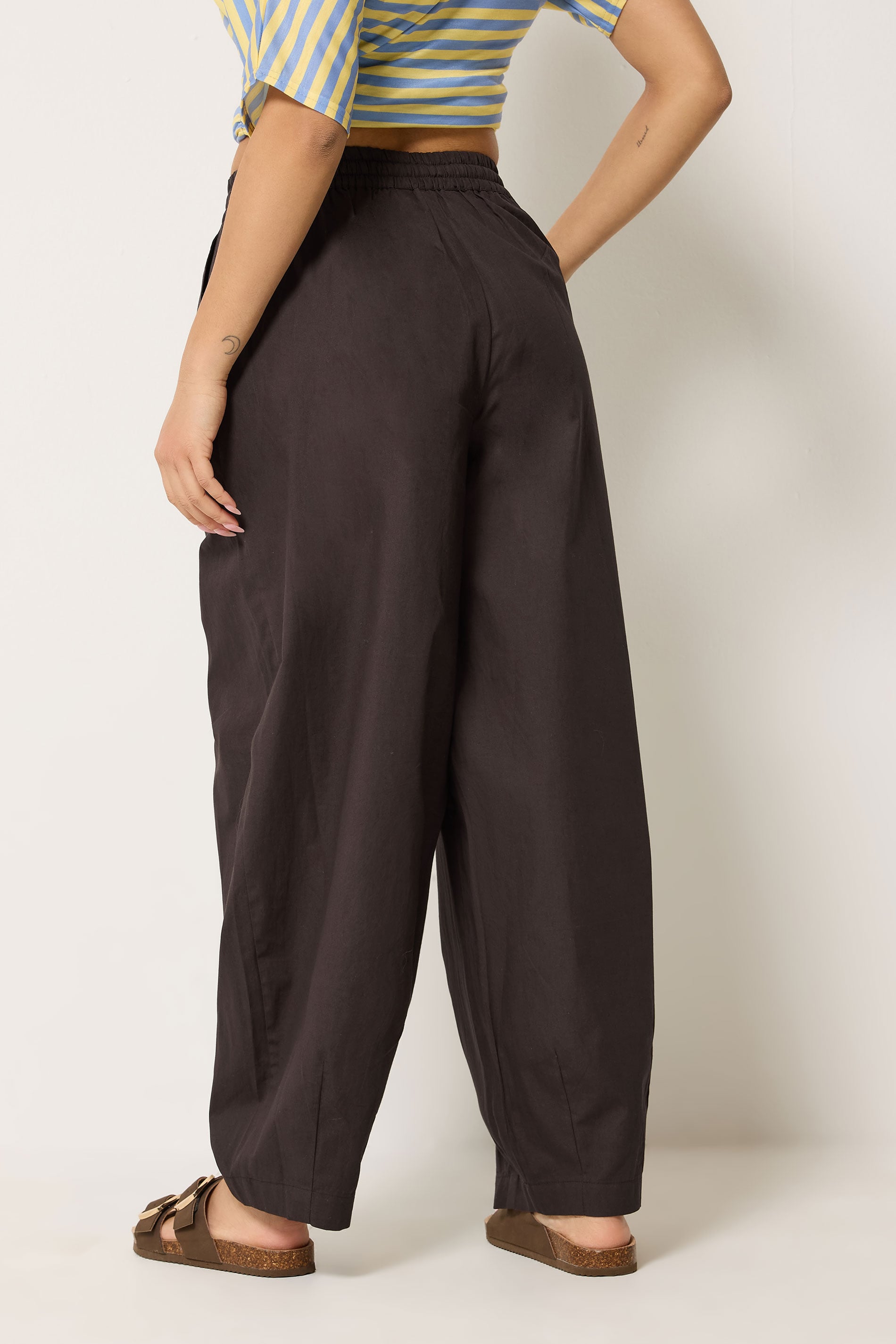 PixieGirl Petite Women's Chocolate Brown Poplin Cotton Barrel Leg Trousers | PixieGirl 2