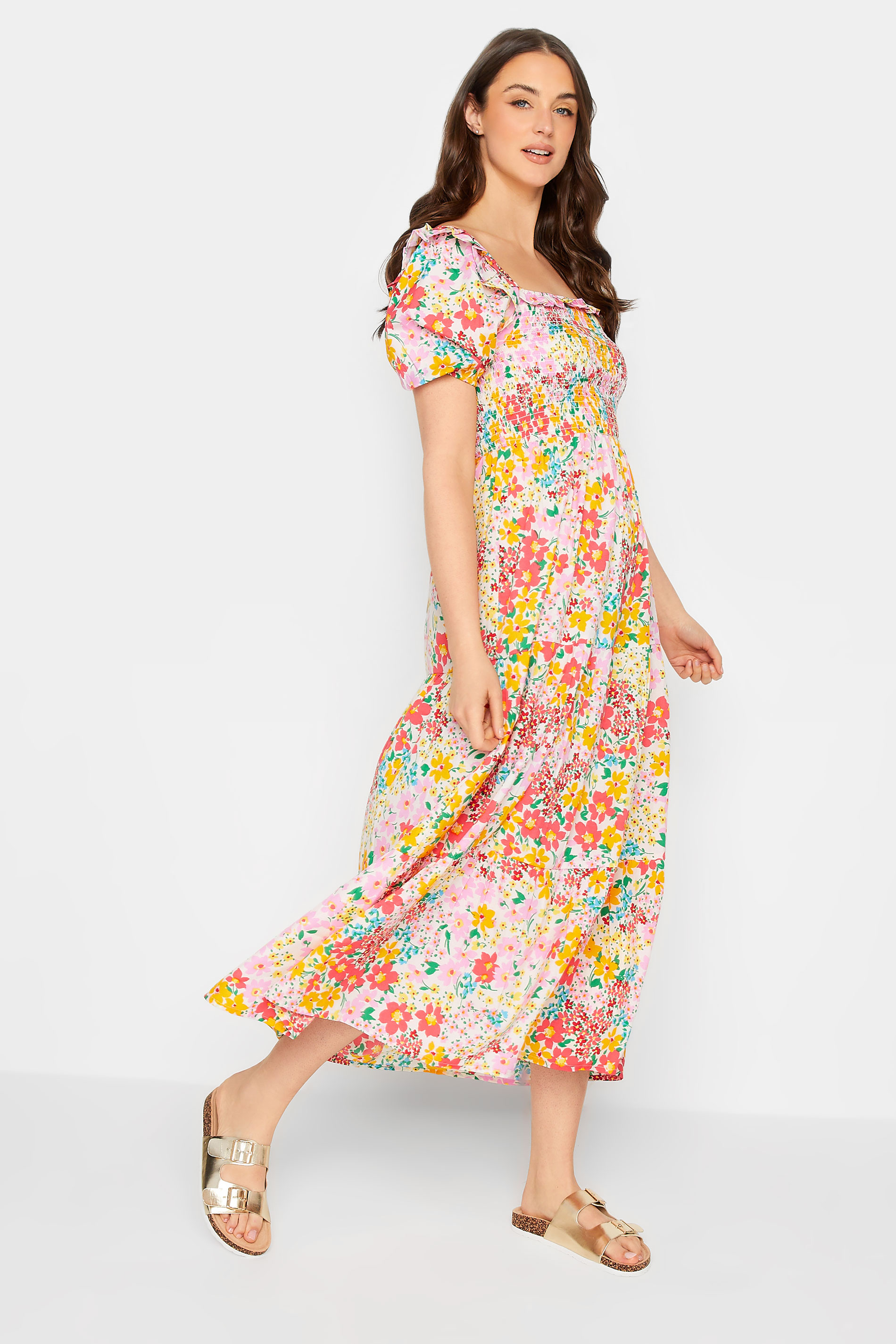 LTS Tall Women's Yellow Ditsy Floral Shirred Midaxi Dress | Long Tall Sally 1