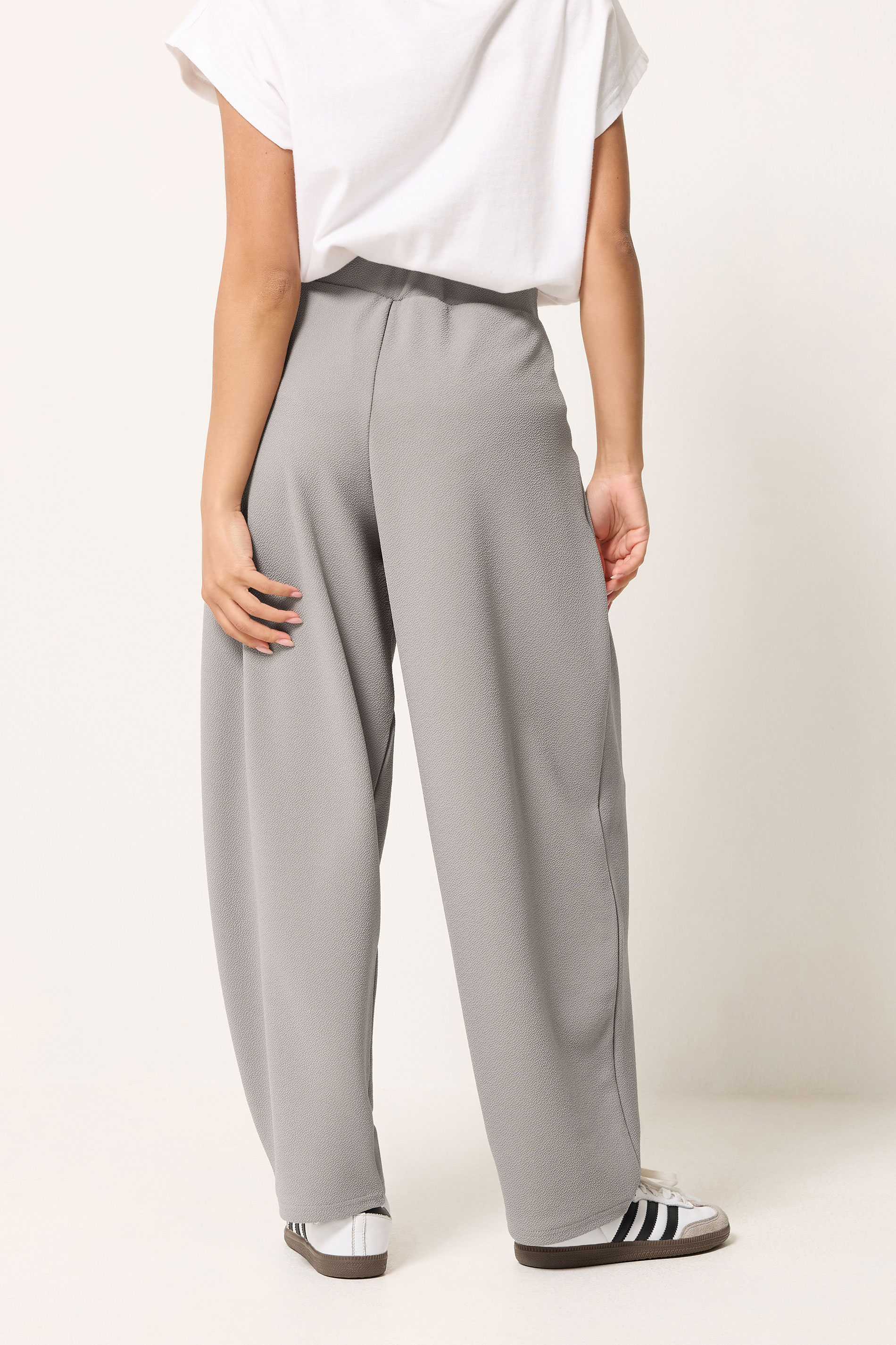 PixieGirl Petite Women's Grey Crinkle Barrel Leg Trousers | PixieGirl 2