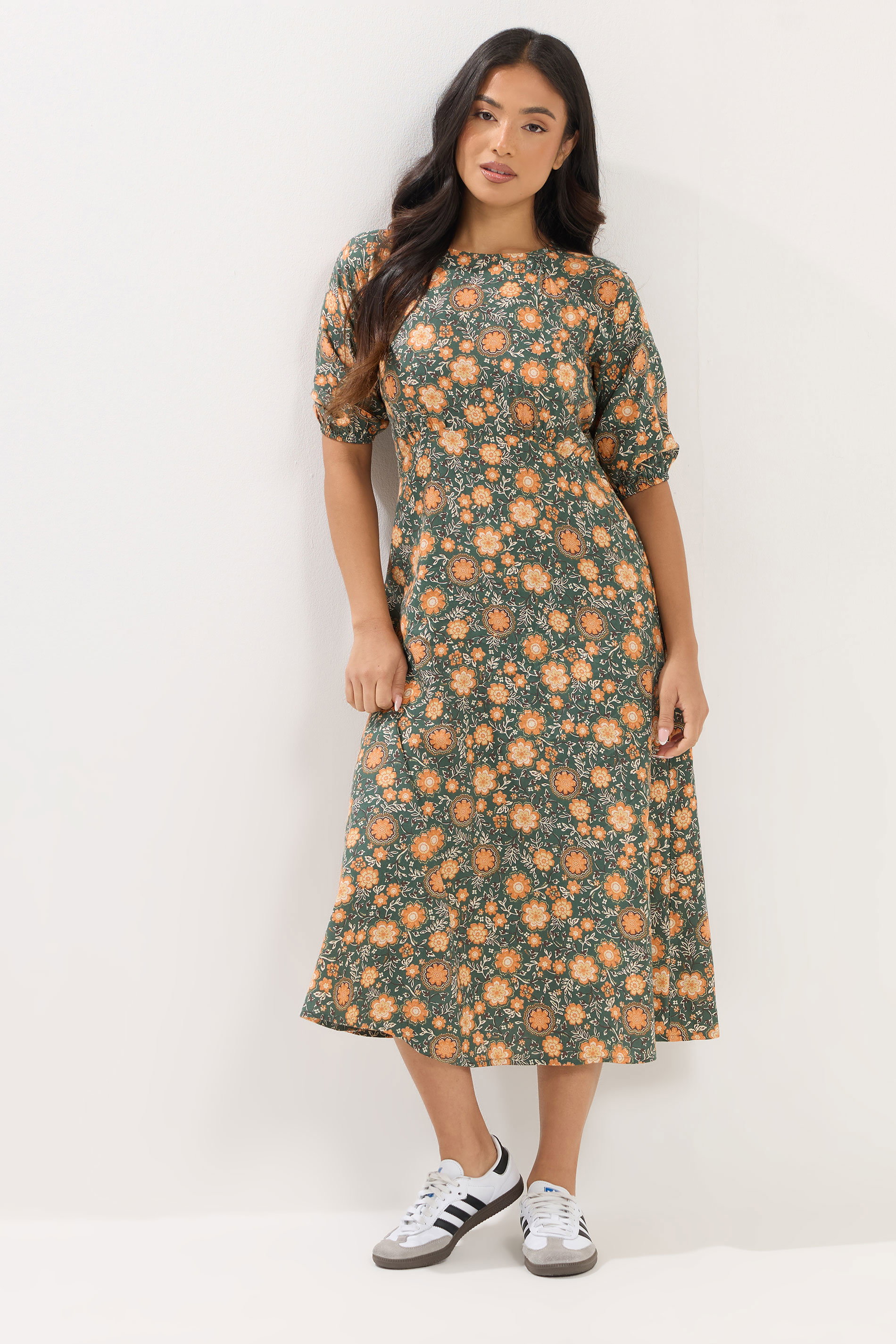 PixieGirl Petite Women's Forest Green Floral Midi Dress | PixieGirl 3