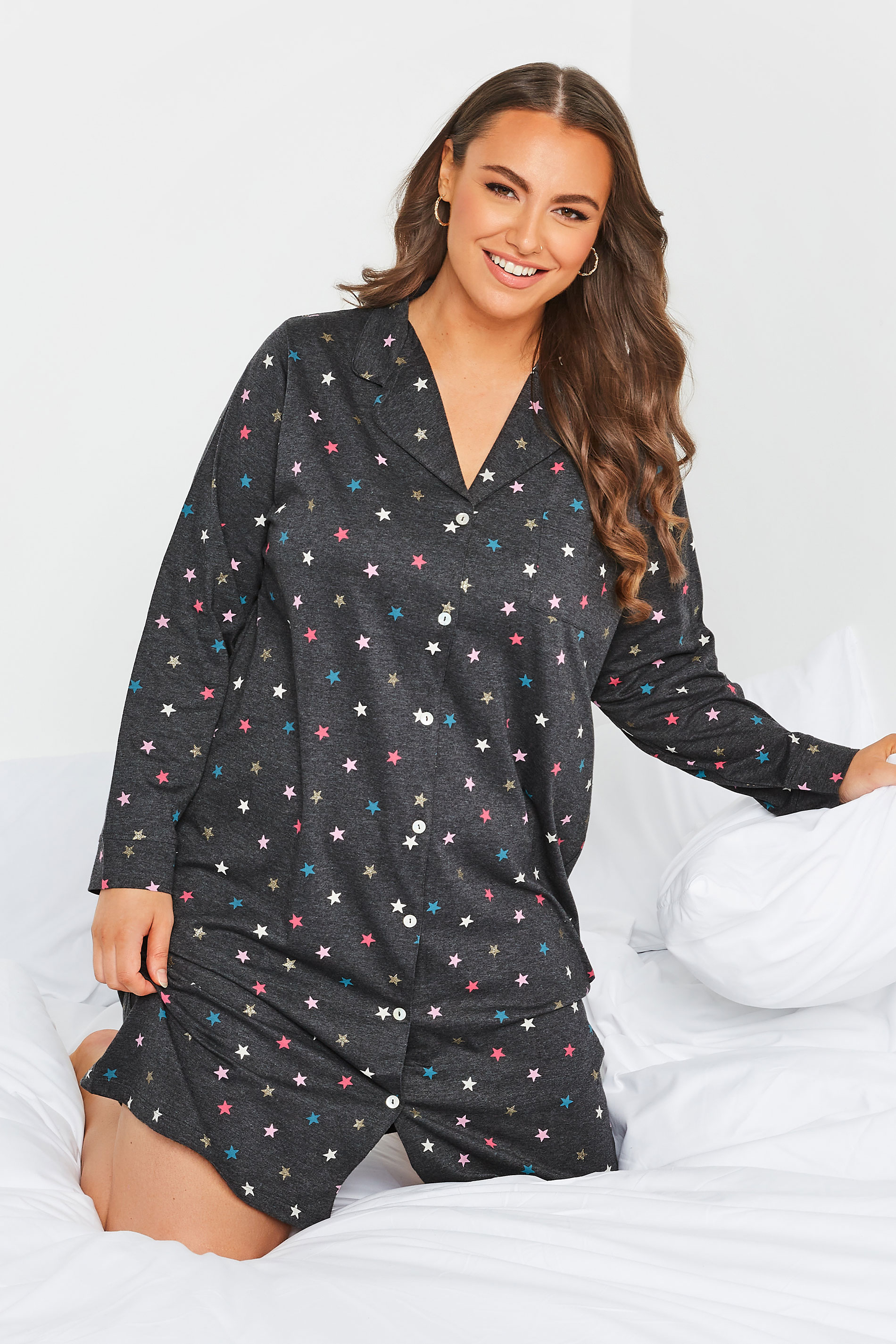 Curve Charcoal Grey Star Print Nightshirt | Yours Clothing 1