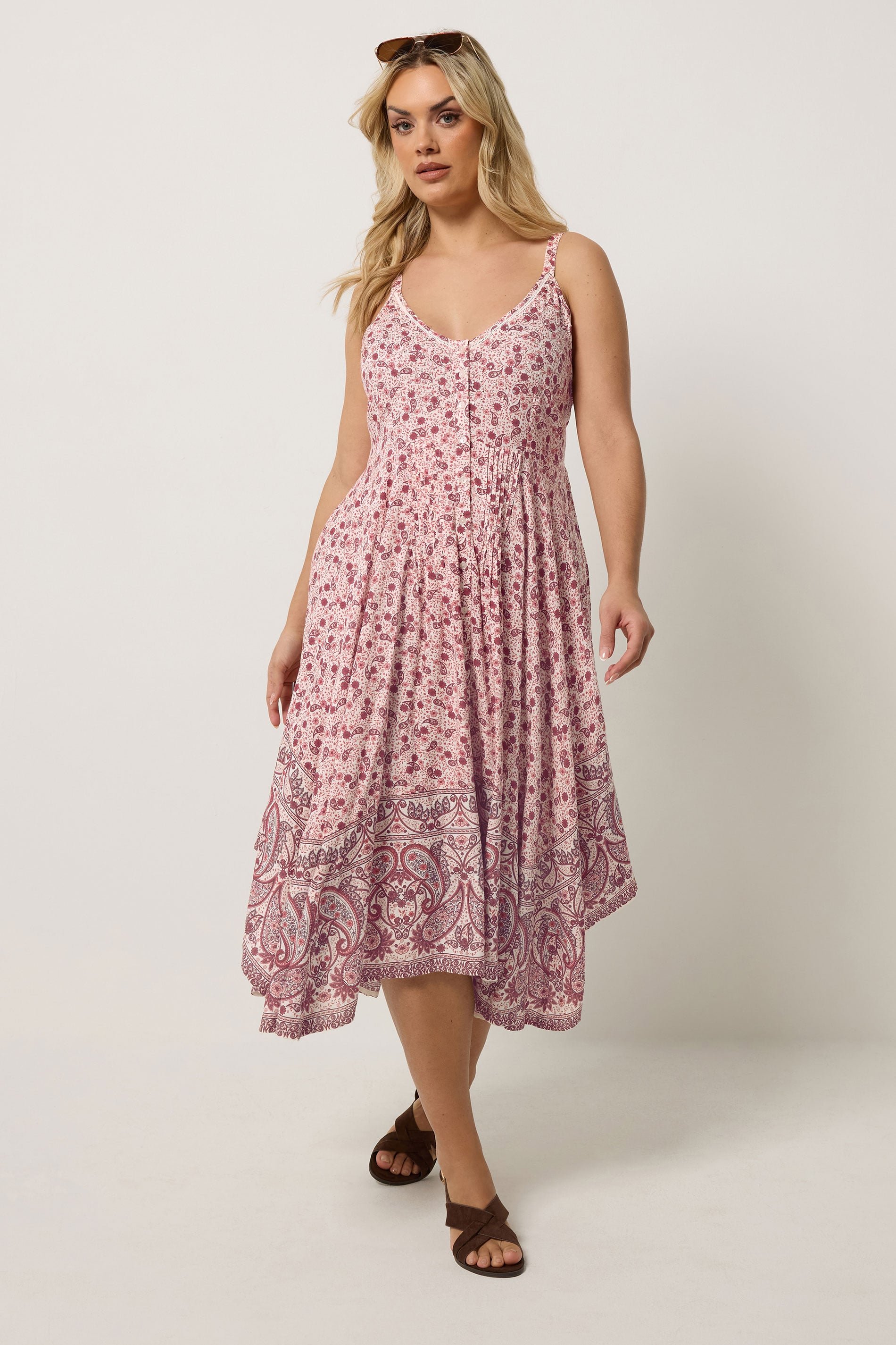 YOURS Plus Size Pink Paisley Print Hanky Hem Dress | Yours Clothing 1
