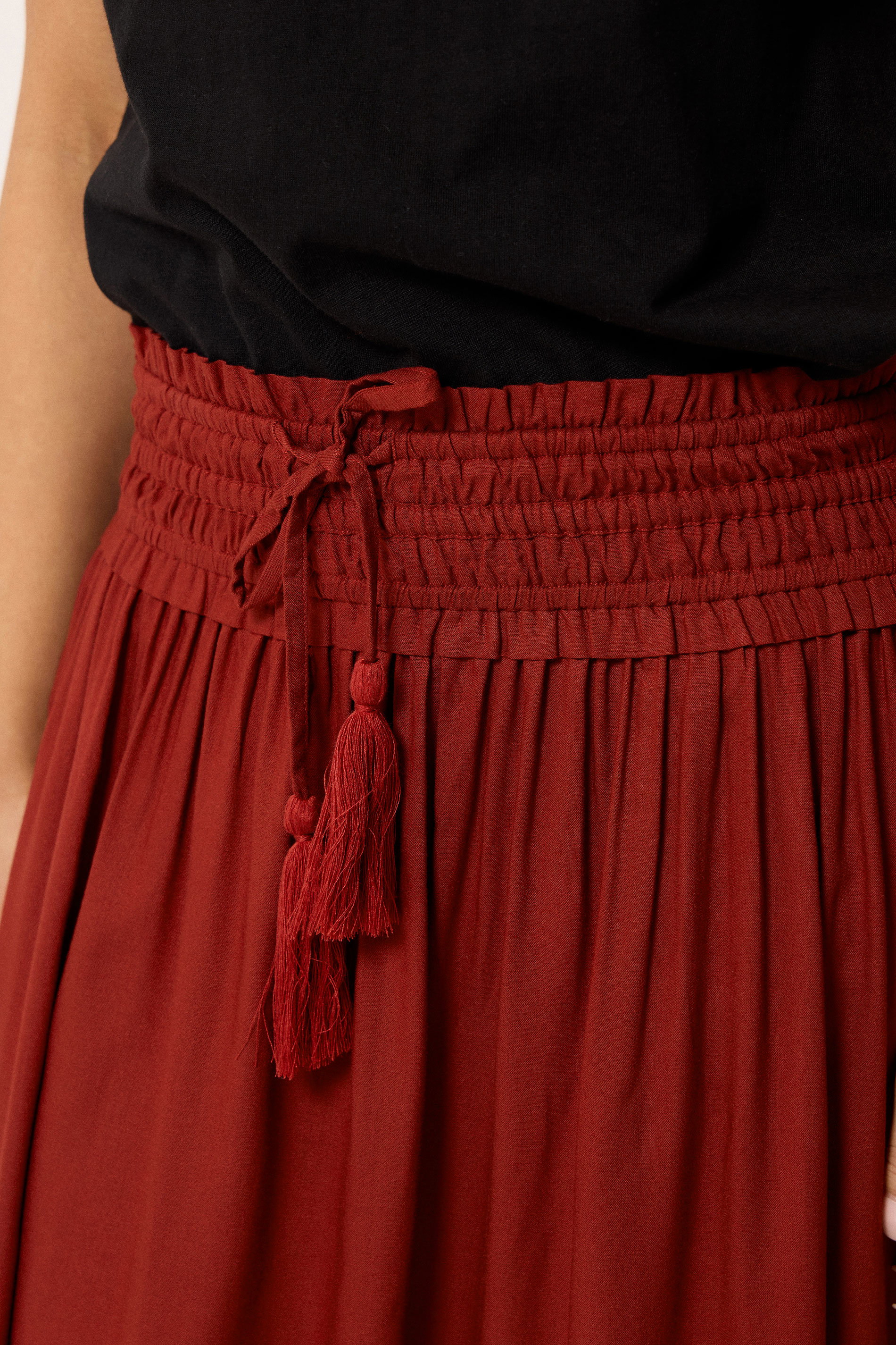 PixieGirl Petite Women's Burgundy Red Tie Waist Maxi Skirt | PixieGirl 5