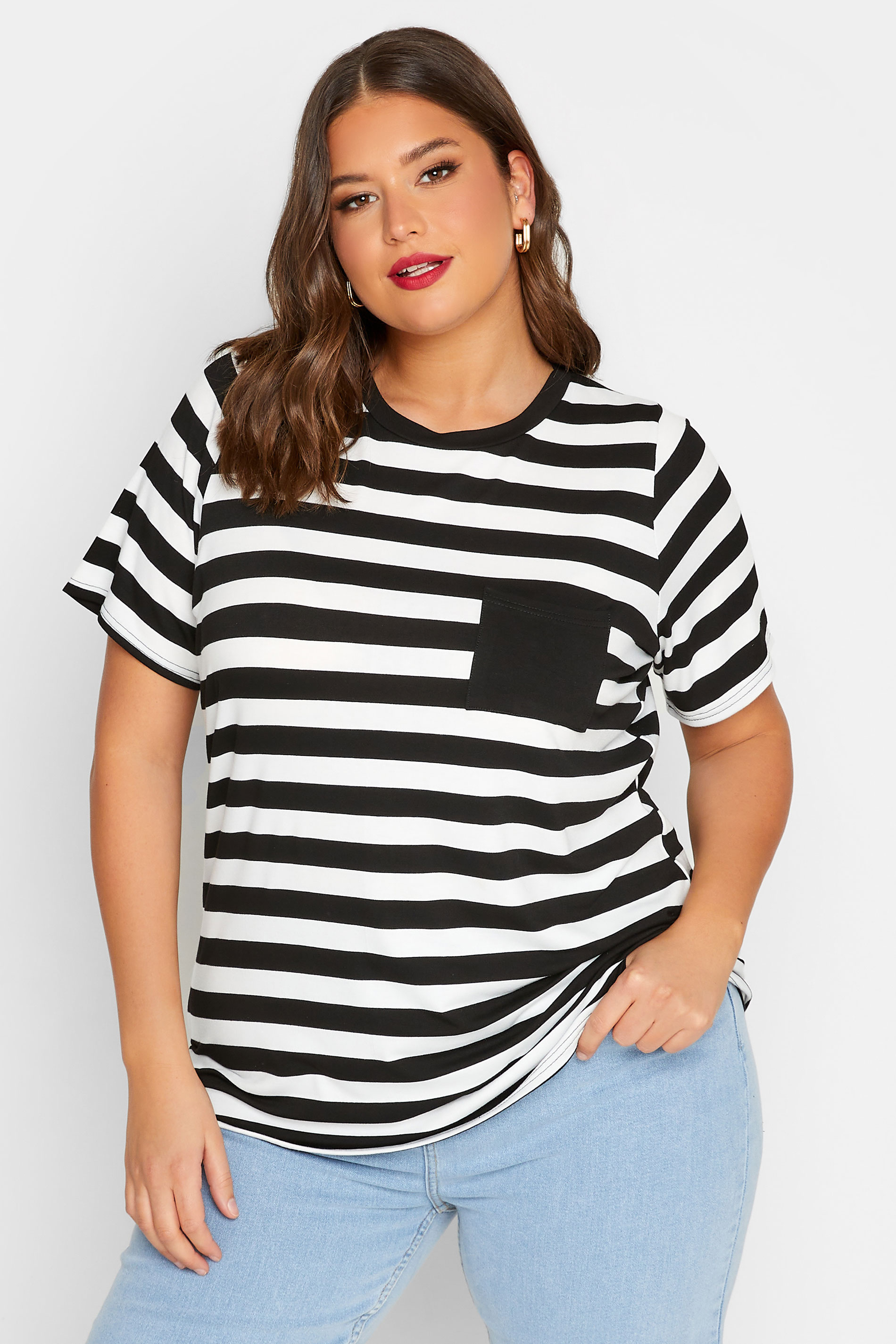 LIMITED COLLECTION Curve Plus Size Black Stripe Contrast Collar Stripe T-Shirt | Yours Clothing  1