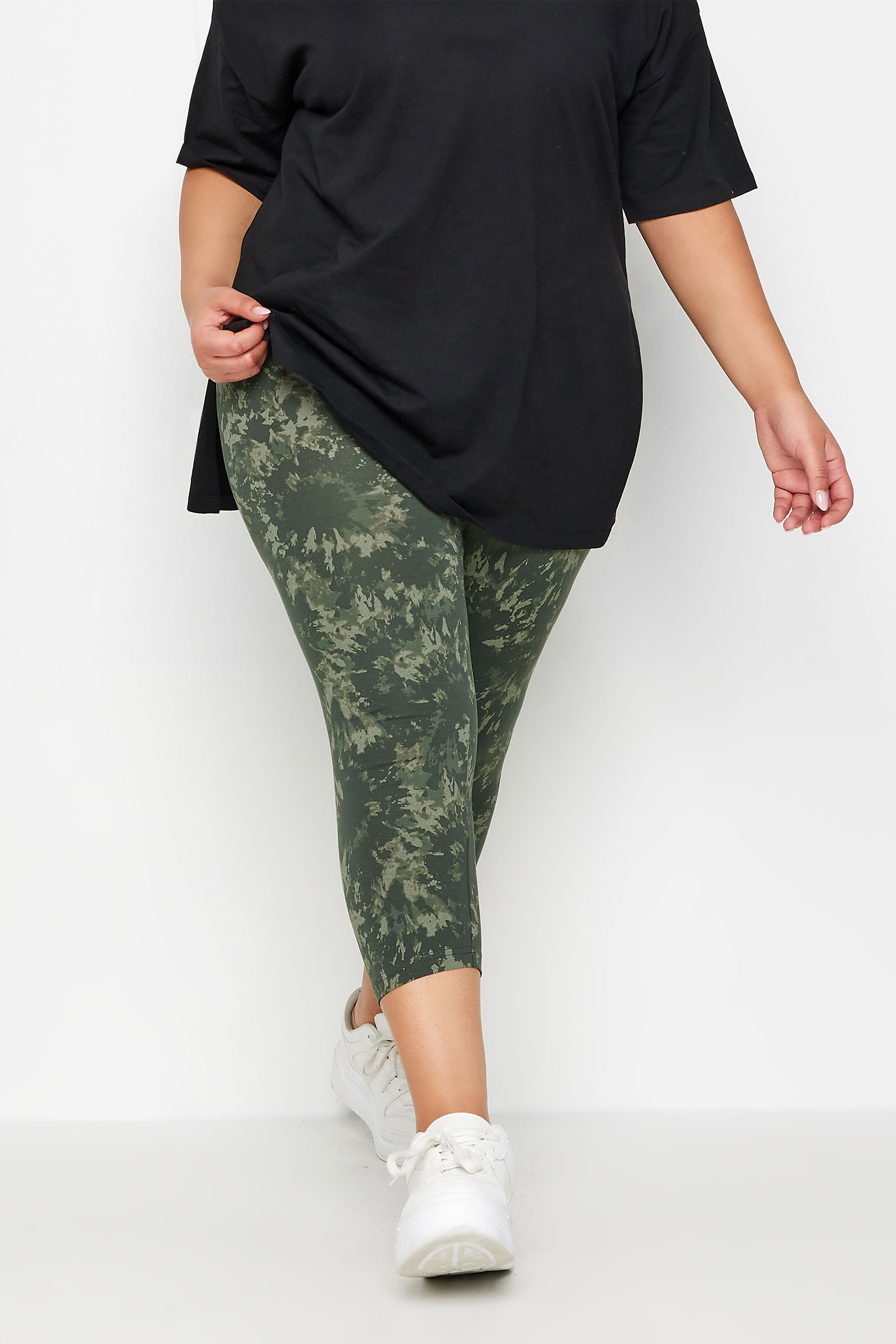 YOURS Plus Size 2 PACK Black & Khaki Green Tie Dye Cropped Leggings | Yours Clothing 2