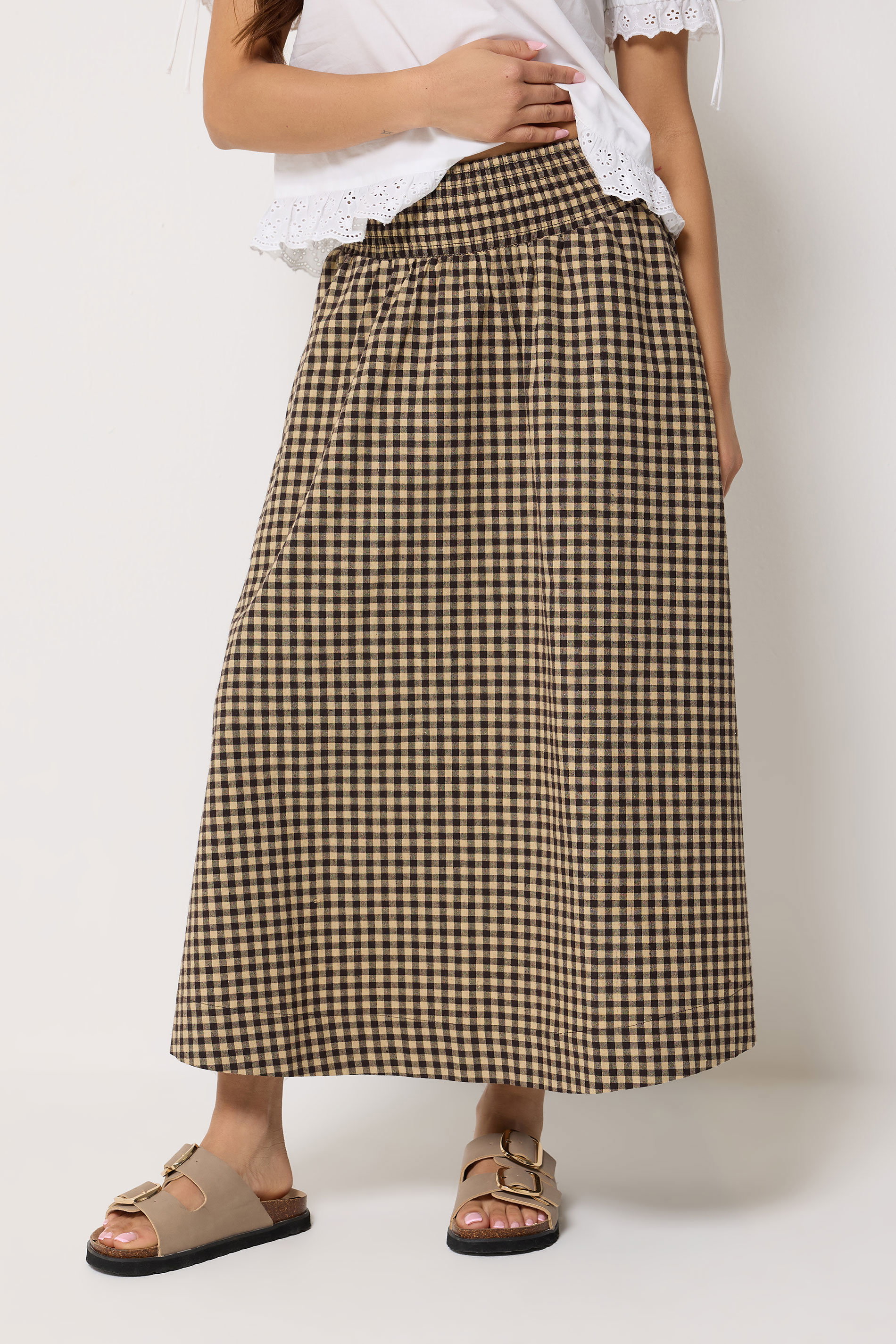 PixieGirl Petite Women's Brown Gingham Cotton Shirred Maxi Skirt | PixieGirl 1