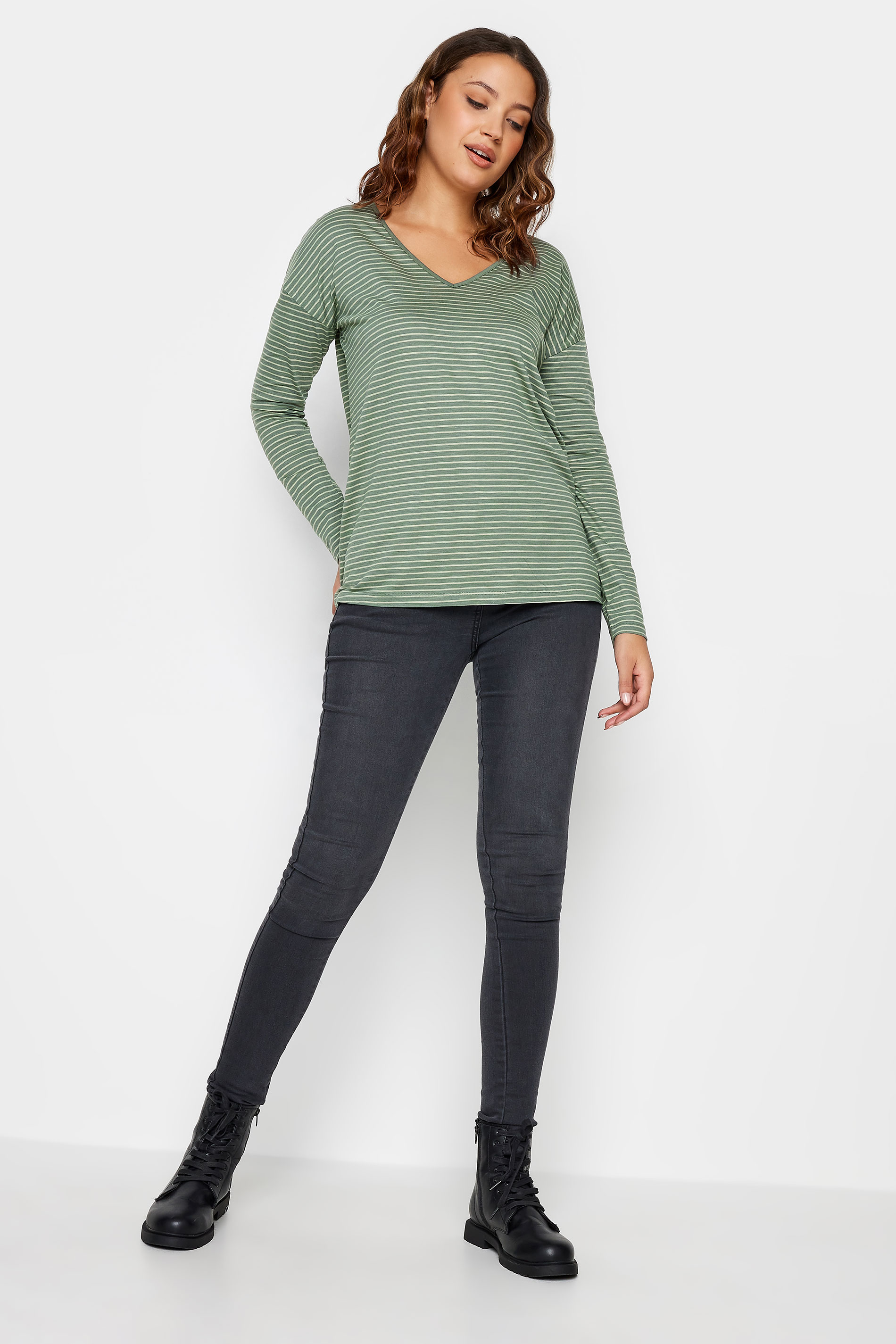 LTS Tall Sage Green V-Neck Long Sleeve Cotton T-Shirt | Long Tall Sally 2