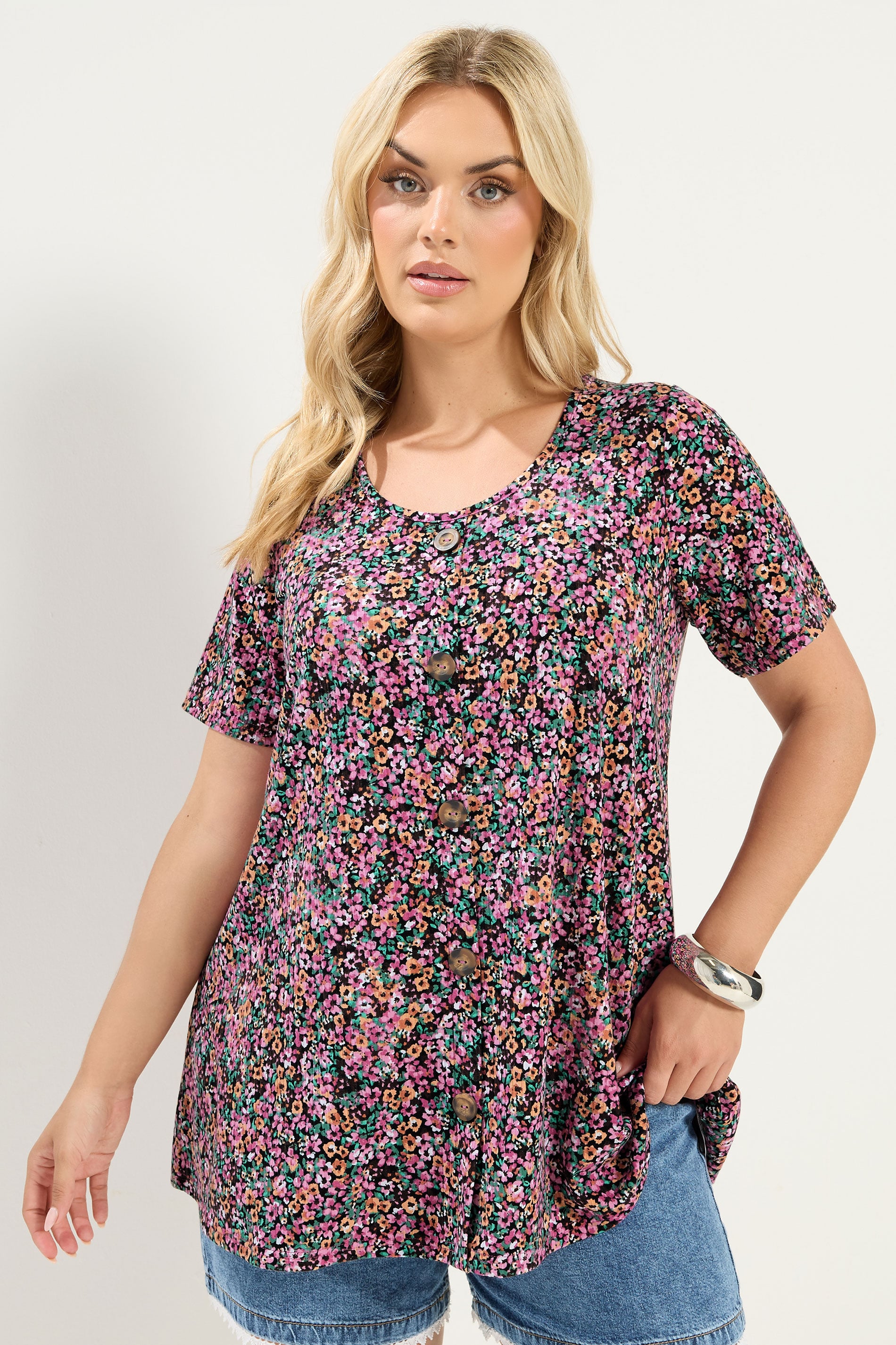 YOURS Plus Size Pink Ditsy Floral Ribbed T-Shirt | Yours Clothing 3