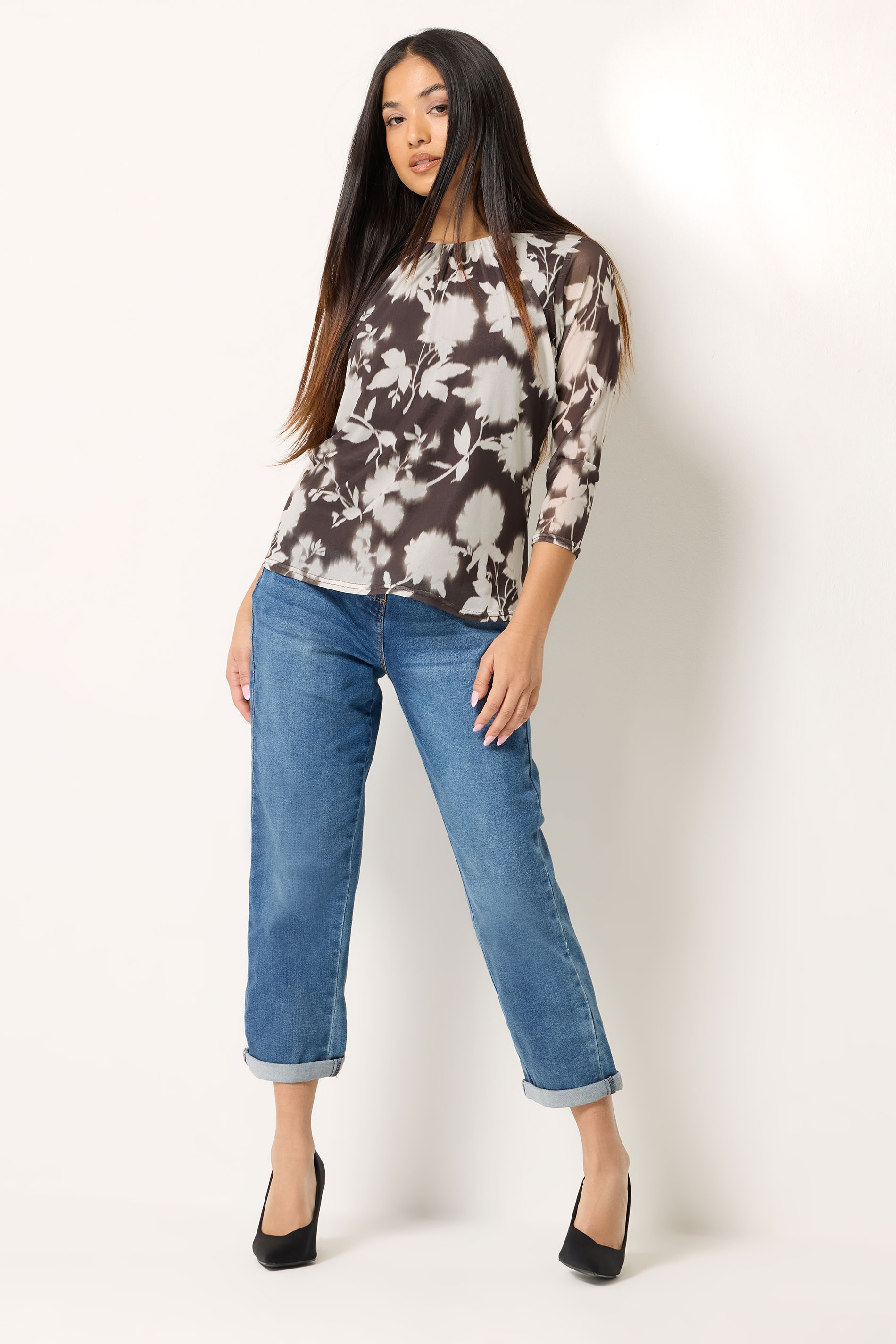 M&Co Petite Brown Floral Print Mesh Crew Neck Top | M&Co 1