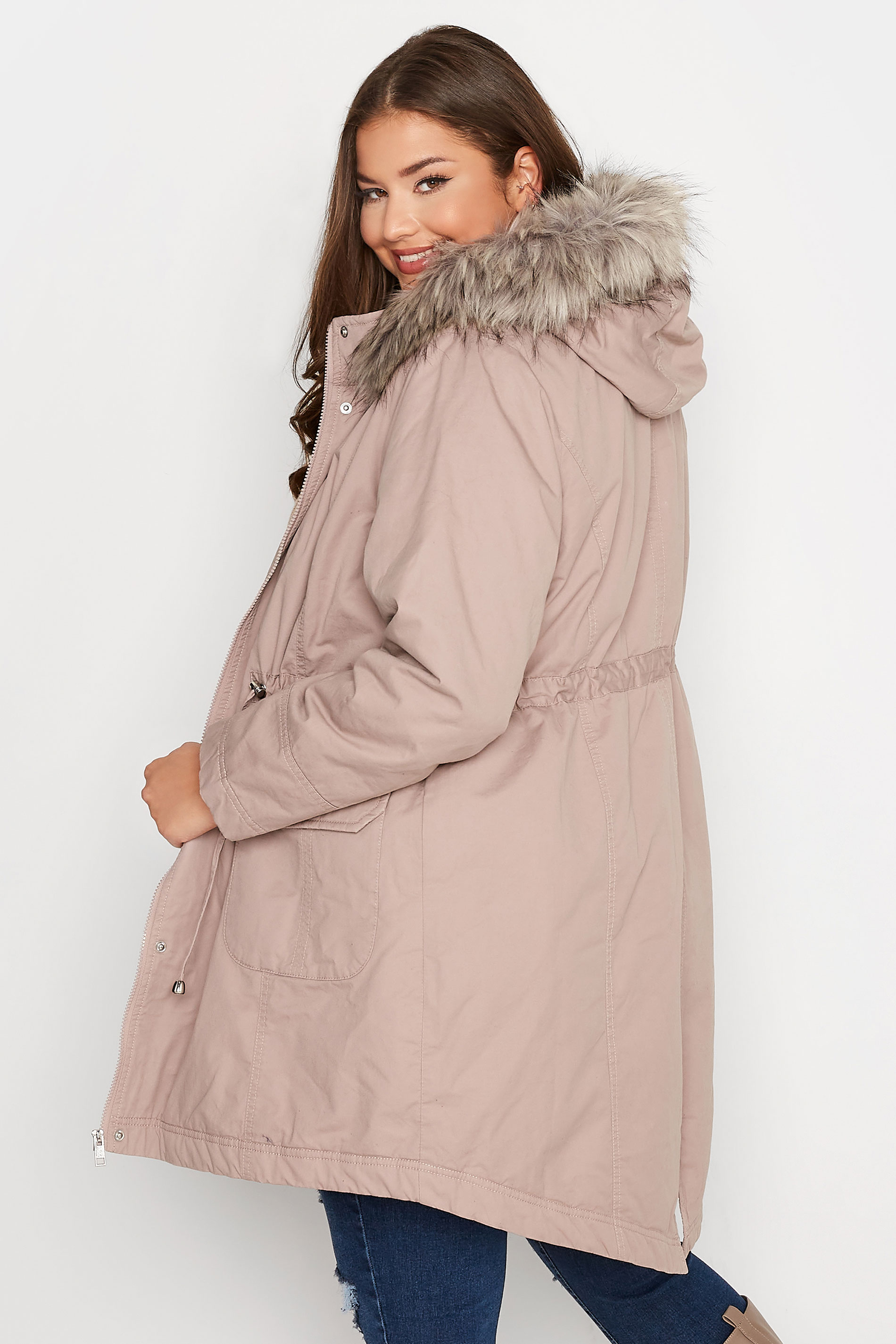 Plus Size Pink Faux Fur Lined Hooded Parka Coat | Yours Clothing 3