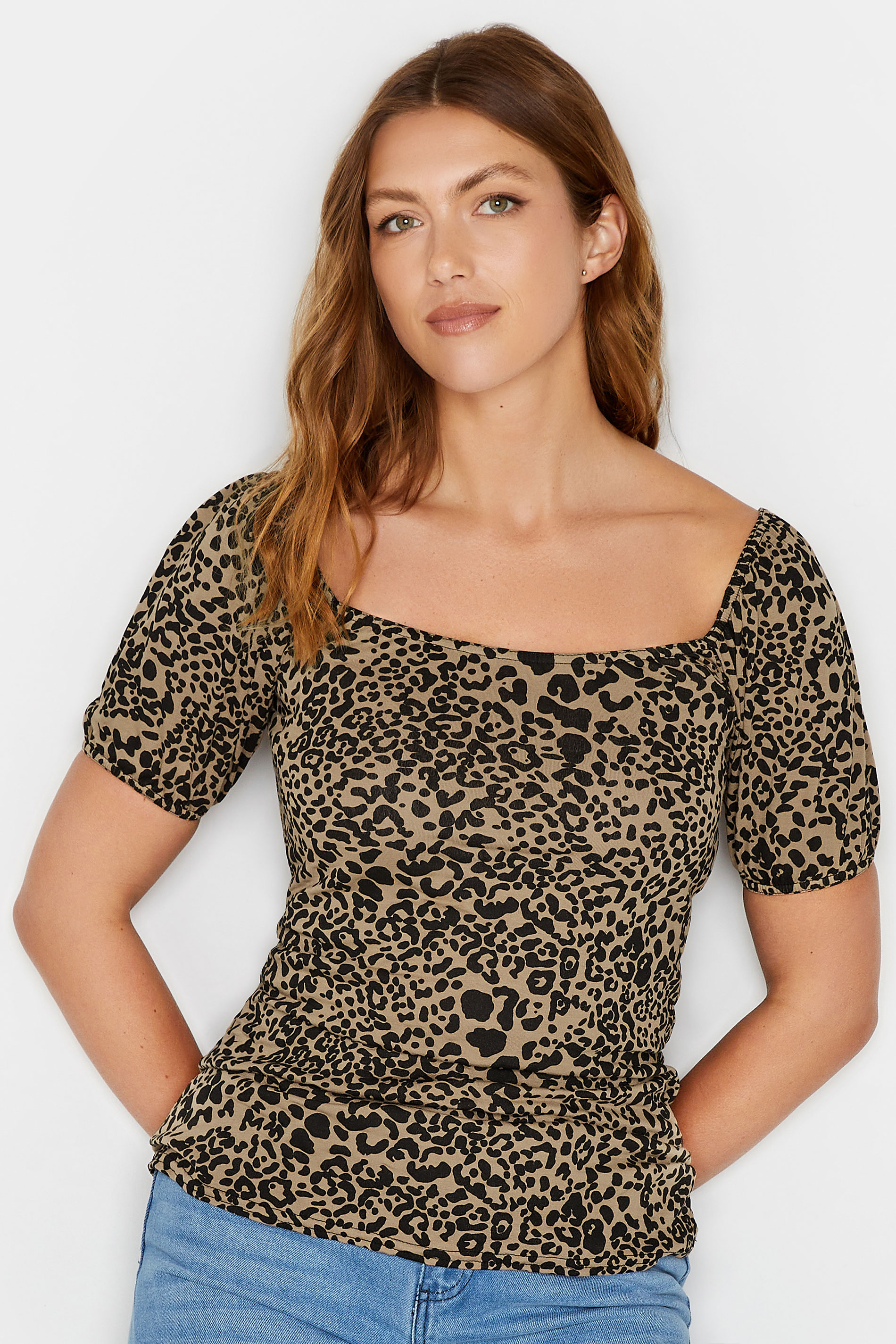 LTS Tall Brown Leopard Print Square Neck Top | Long Tall Sally 1