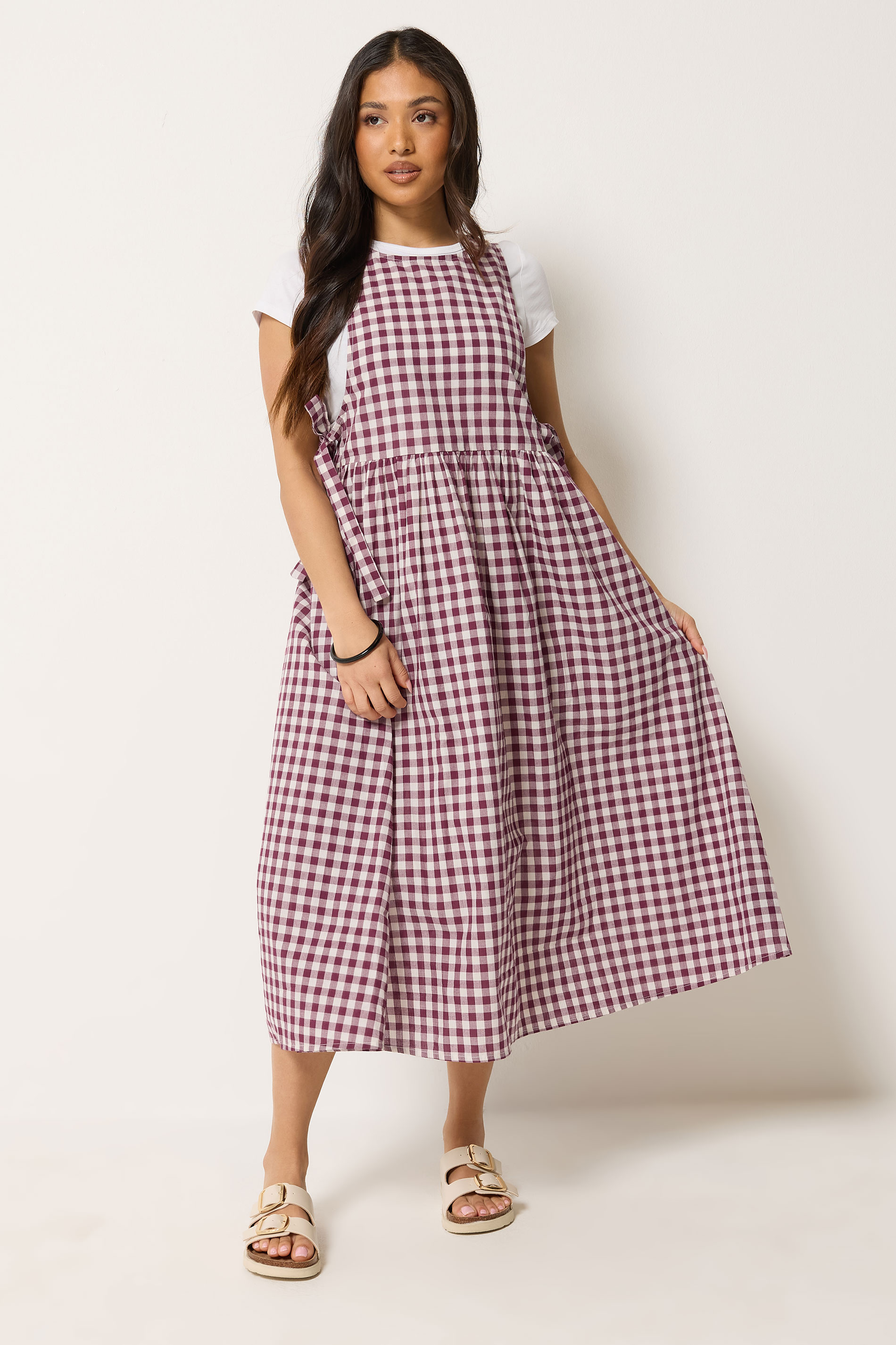 PixieGirl Petite Women's Plum Purple Gingham Cotton Tie Side Pinafore Dress | PixieGirl 1