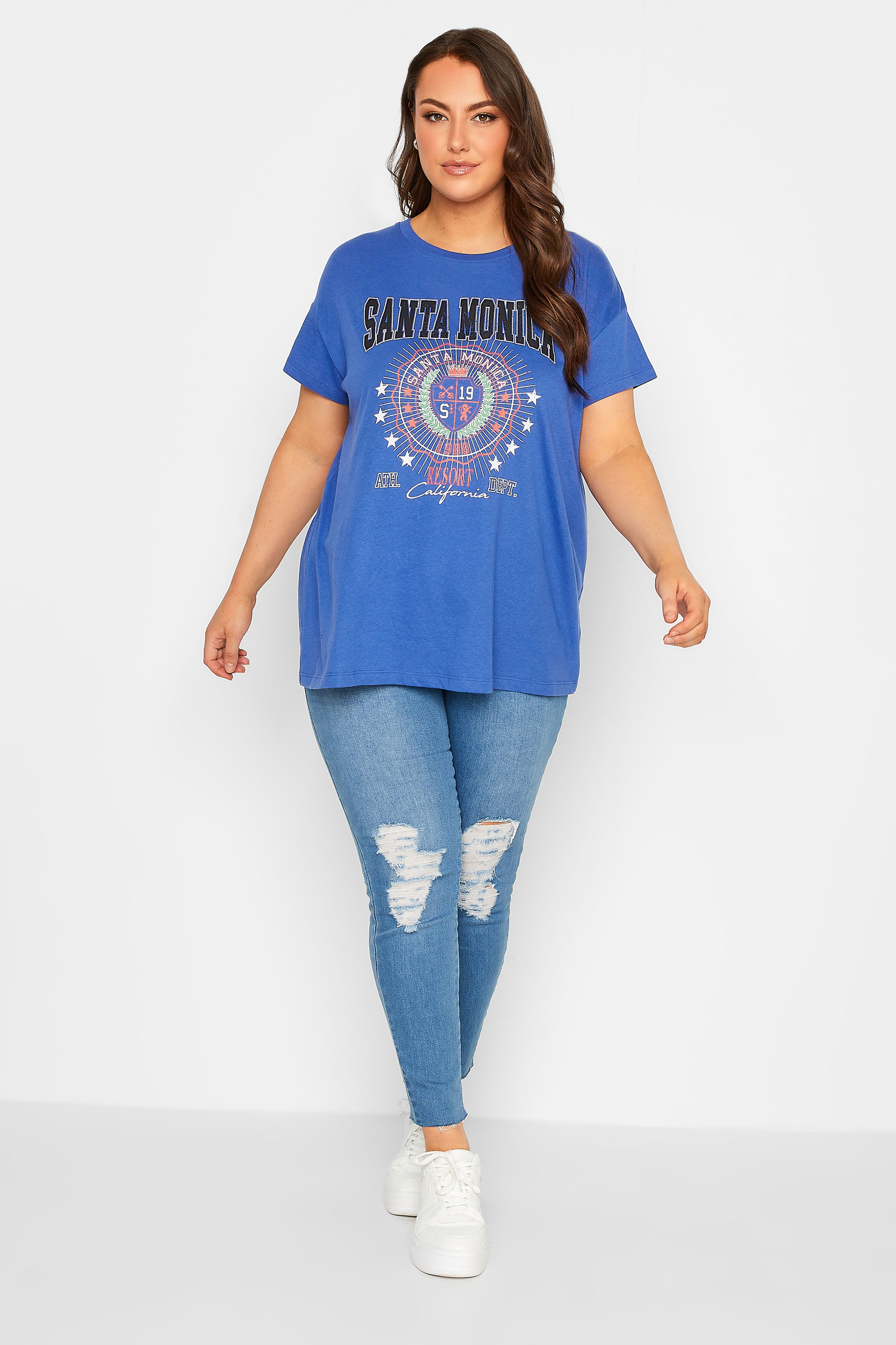 YOURS Curve Plus Size Dark Blue 'Santa Monica' Slogan T-Shirt | Yours Clothing  2