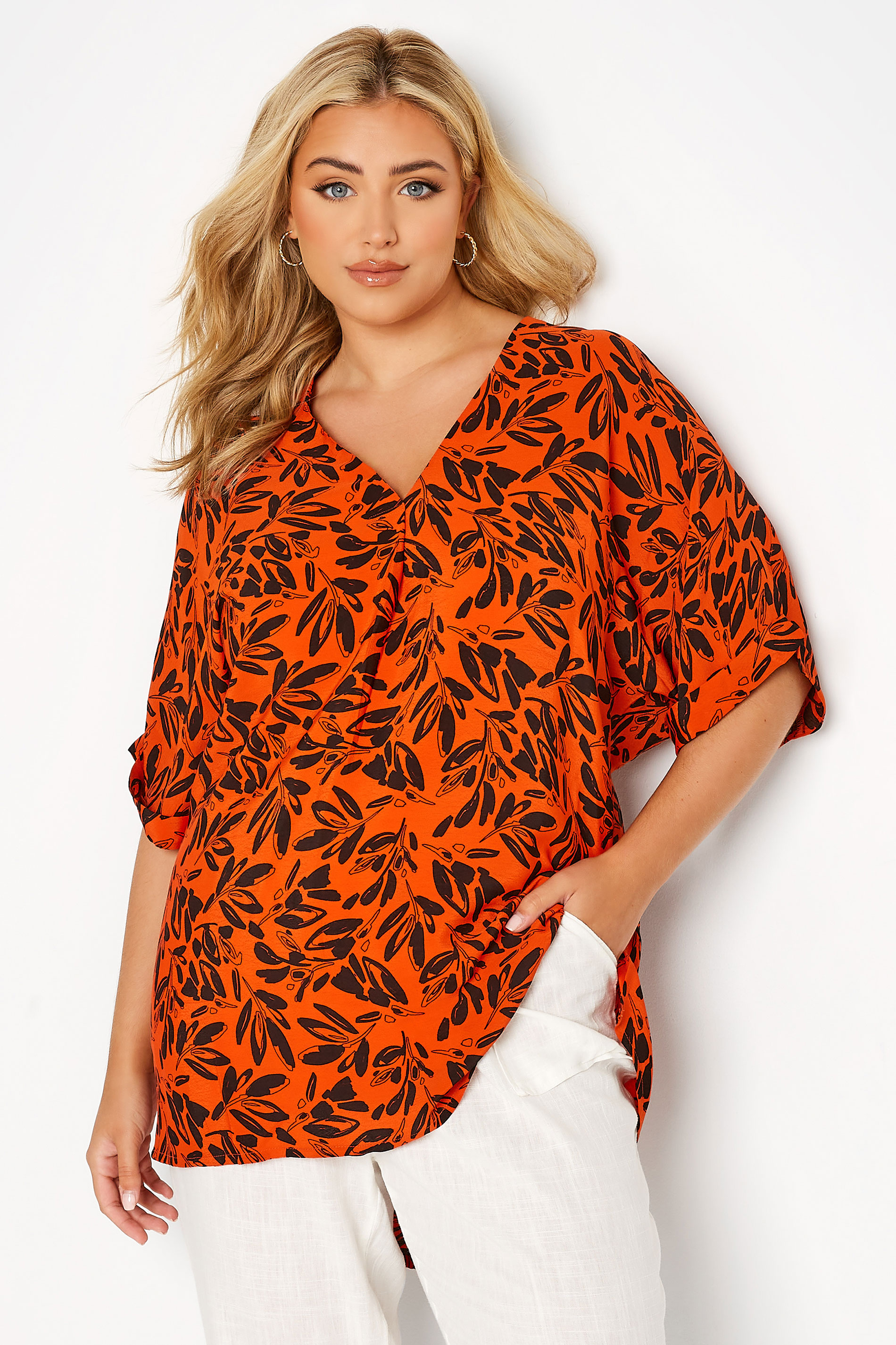 Plus Size Orange Leaf Print Pleat Front V-Neck Top | Yours Clothing 1