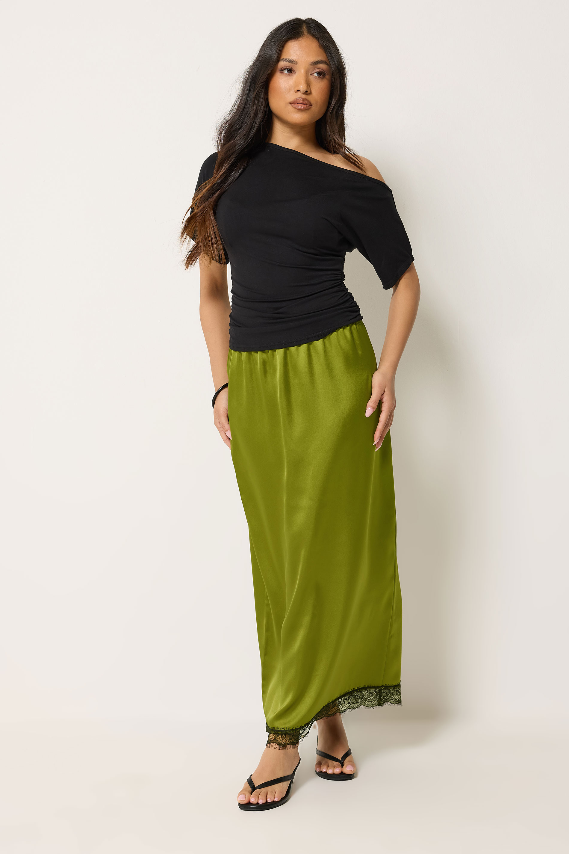 PixieGirl Petite Women's Olive Green Lace Hem Satin Maxi Skirt | PixieGirl 3