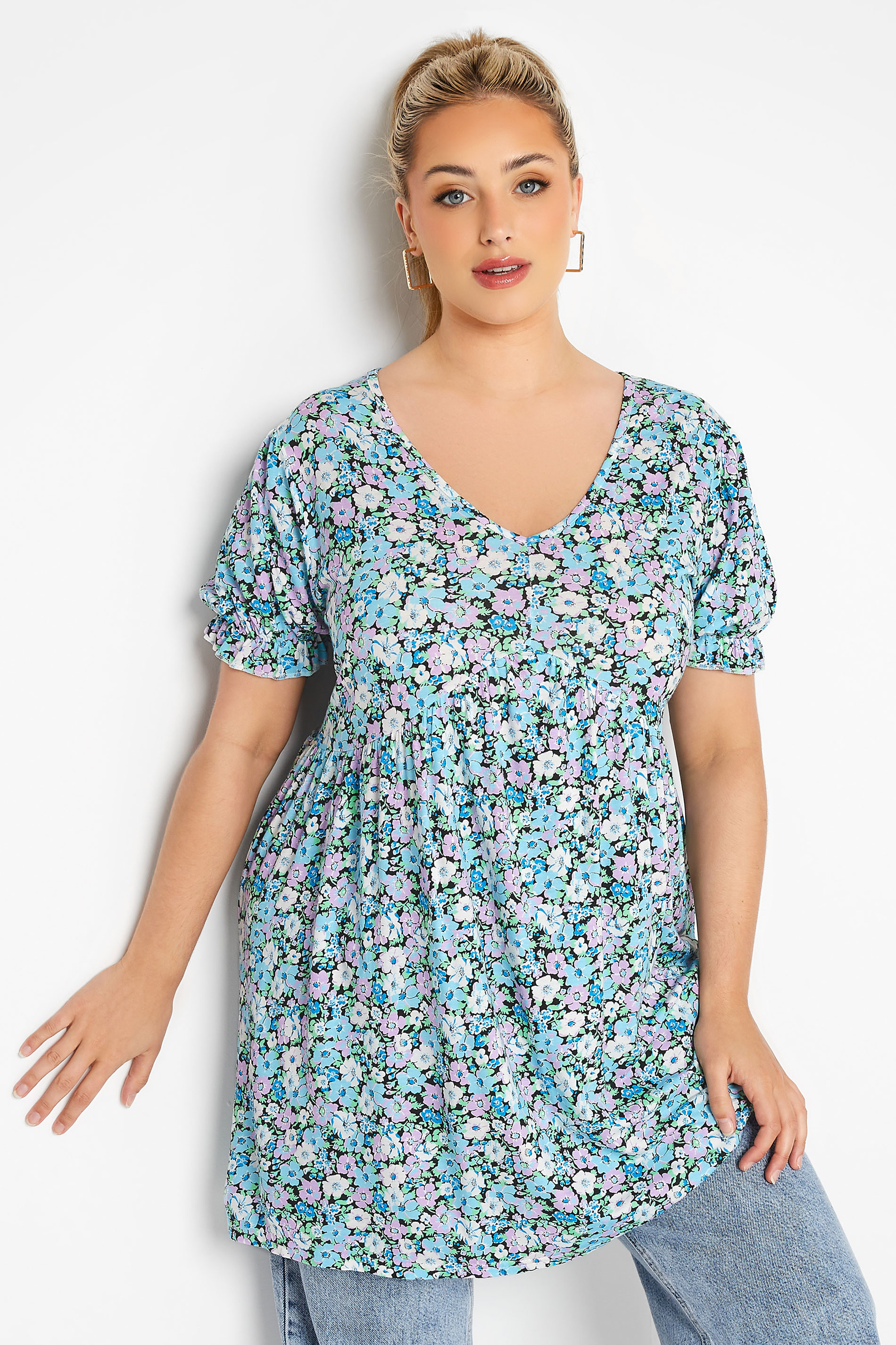 LIMITED COLLECTION Curve Blue Floral Print Puff Sleeve Smock Top | Yours Clothing 1