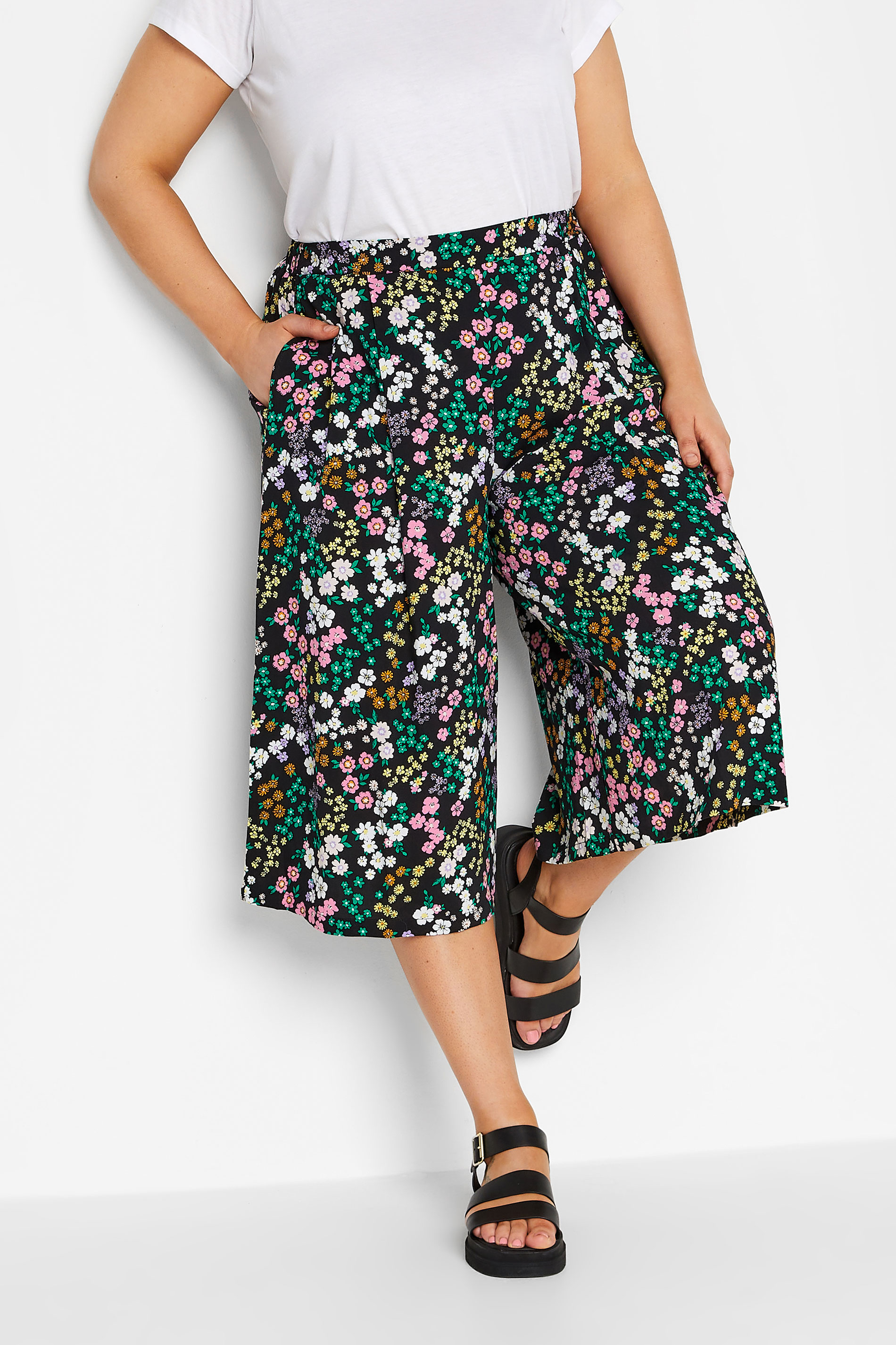 YOURS Curve Black Floral Print Culottes | Yours Clothing 1