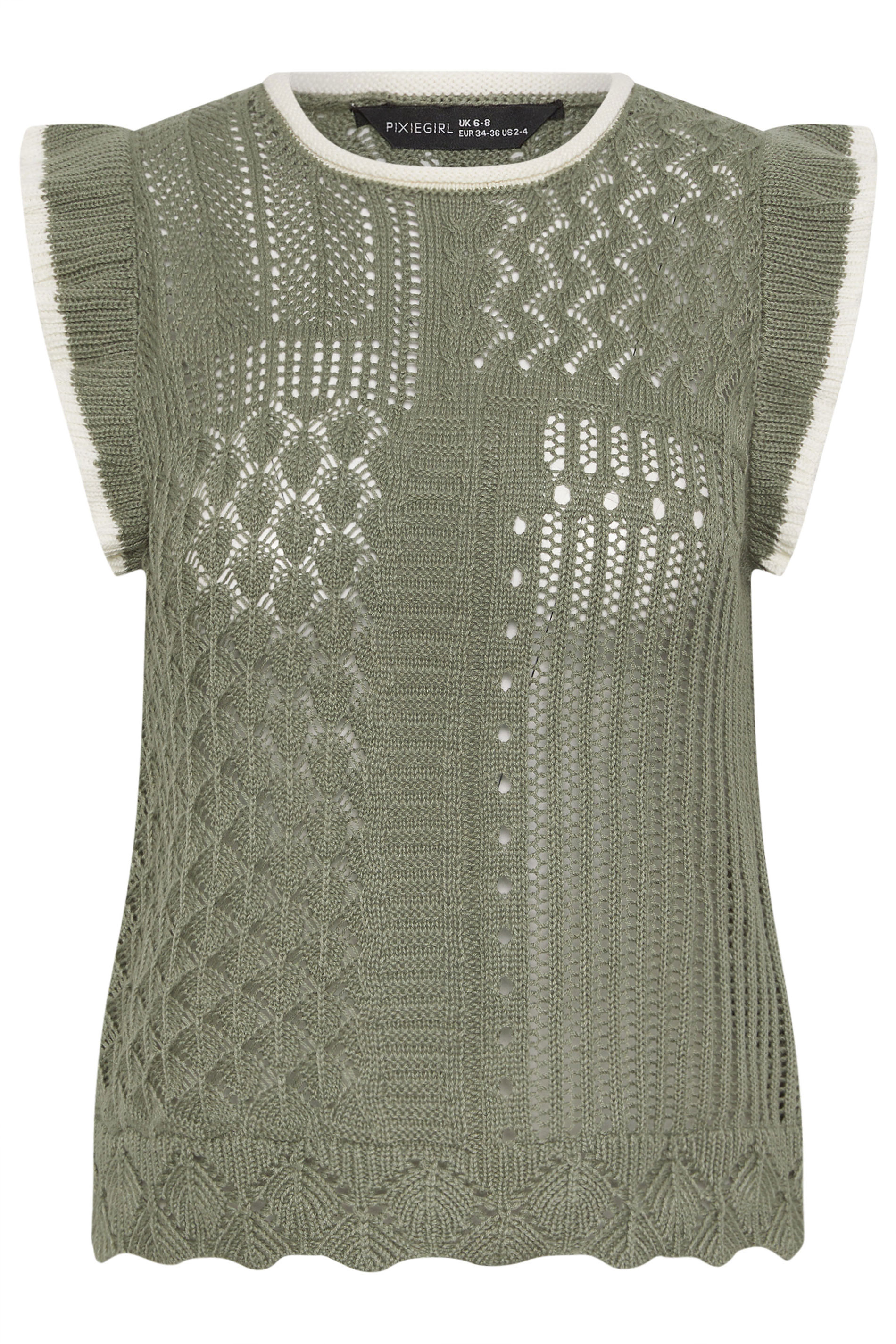 PixieGirl Petite Women's Sage Green & Ivory White Crochet Vest Top | PixieGirl 5