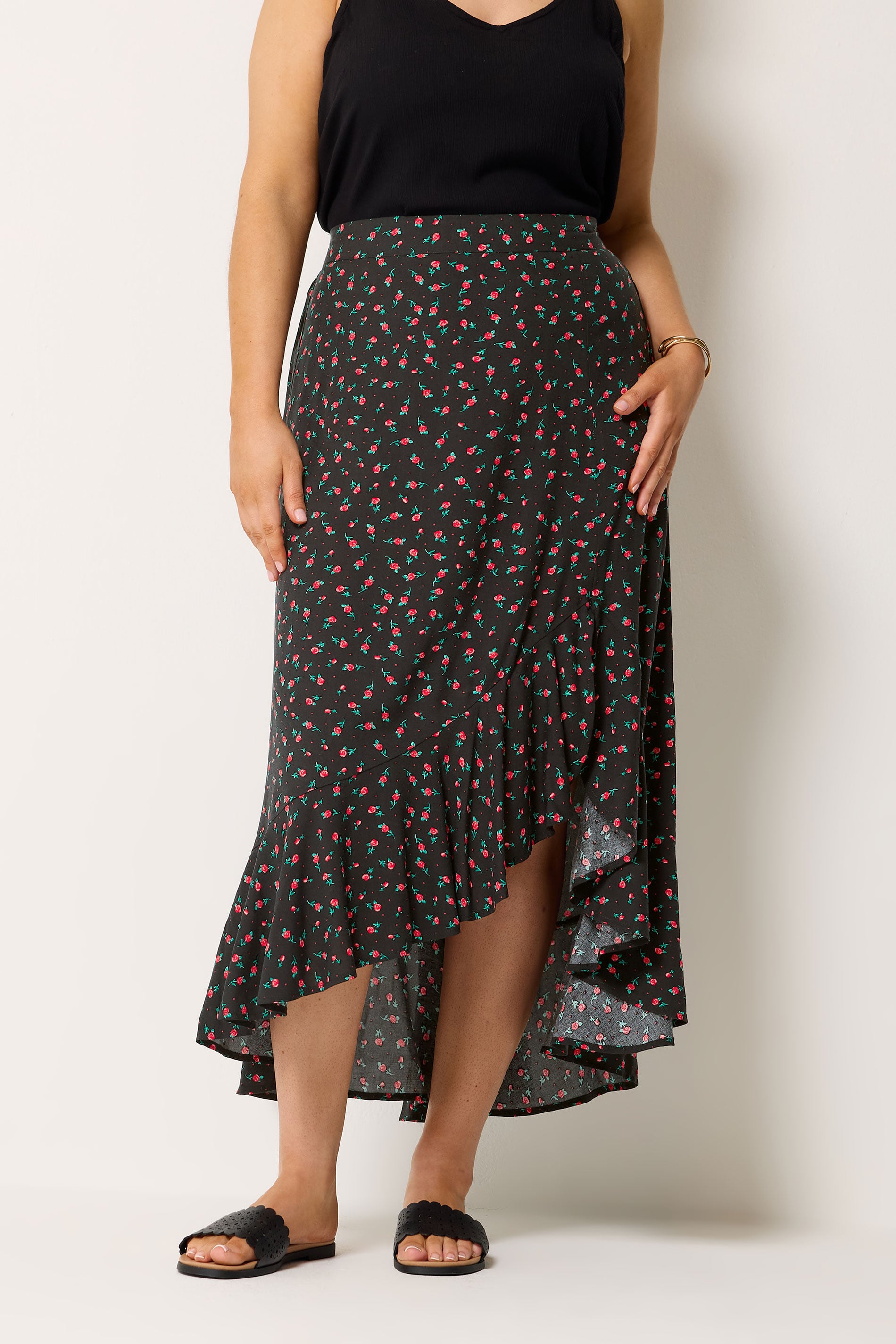 YOURS Plus Size Black Ditsy Floral Ruffle Skirt | Yours Clothing 1