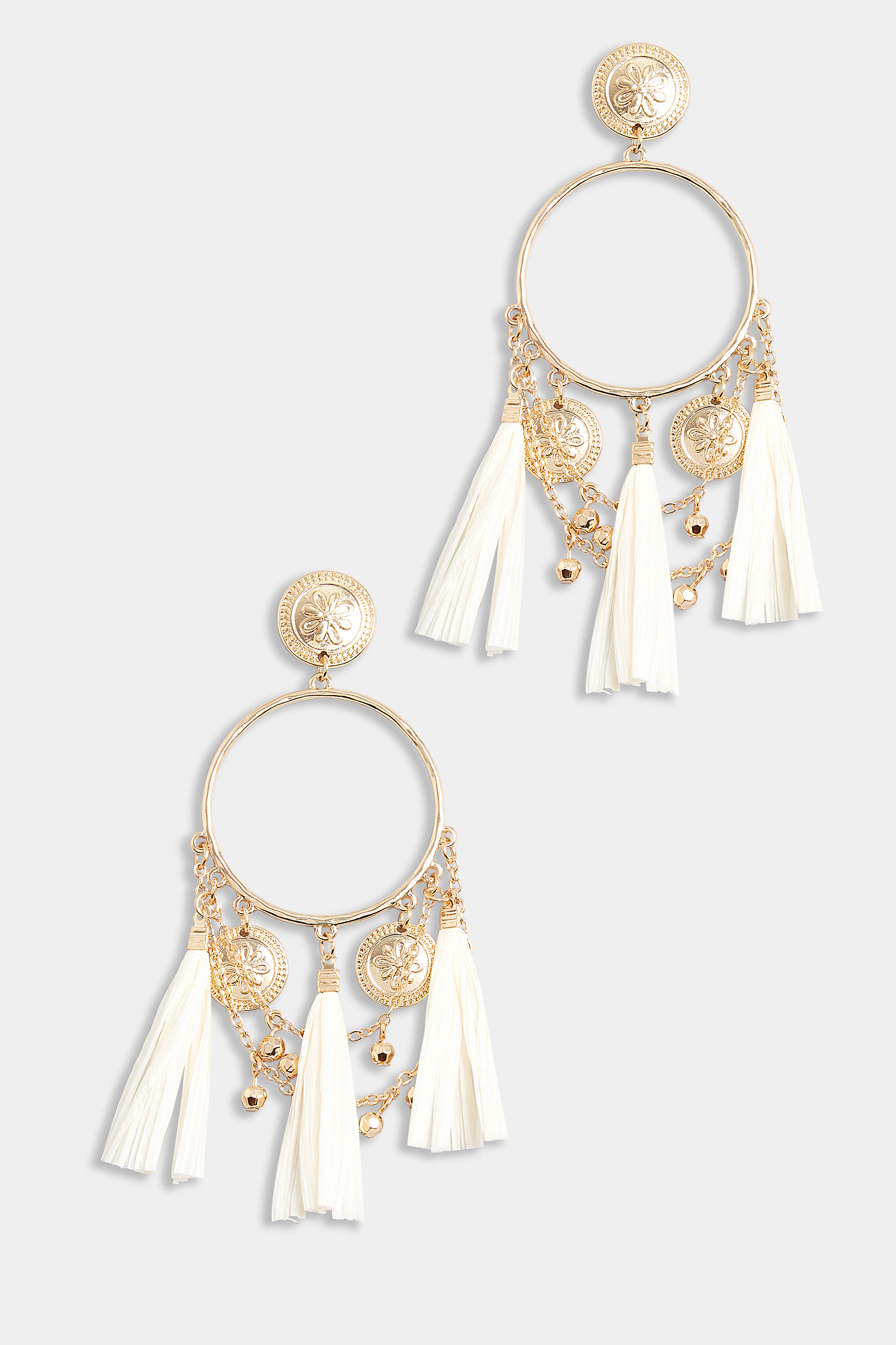 Gold & White Raffia Tassel Statement Earrings | Yours Clothing 2