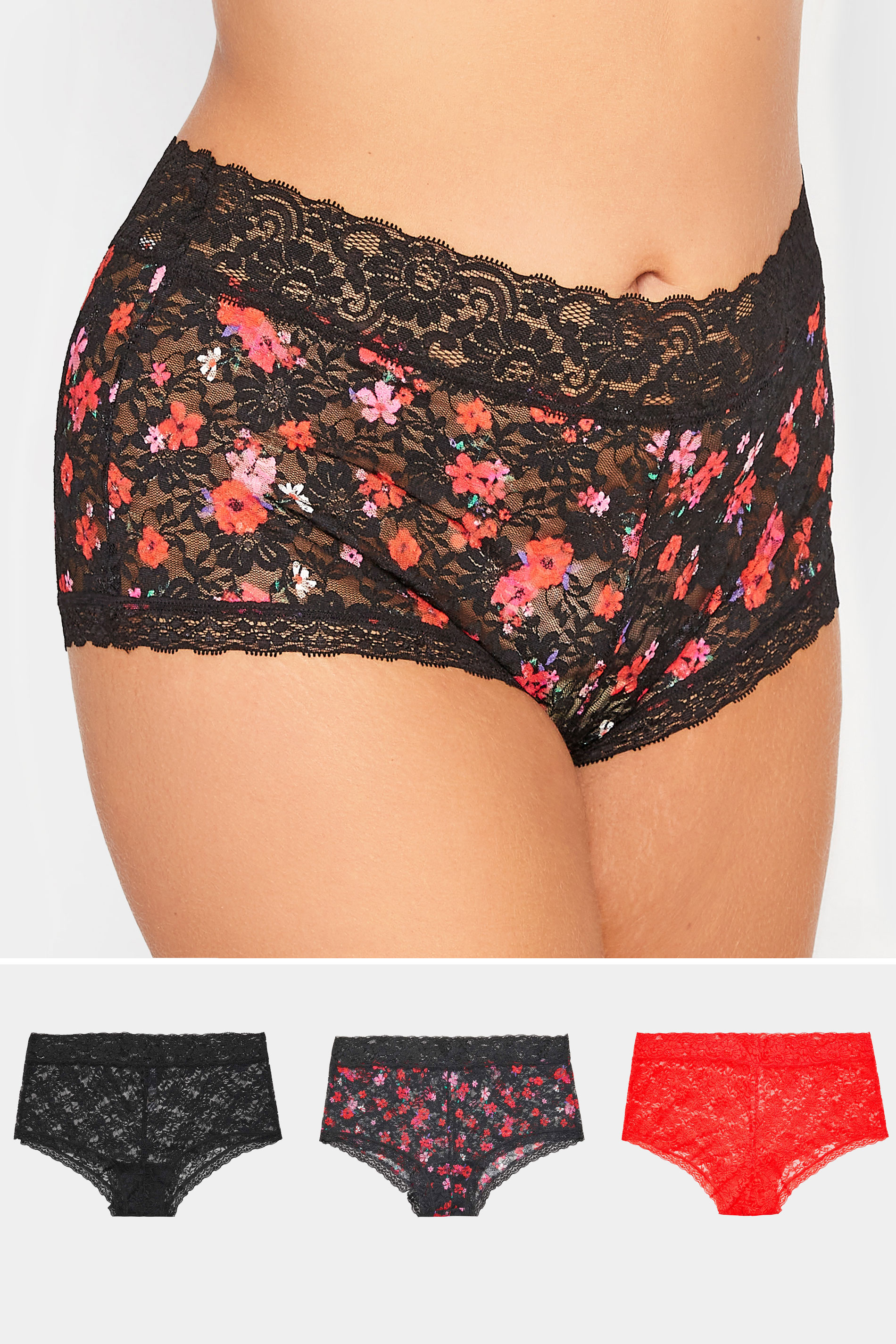 Plus Size 3 PACK Black & Red Floral Lace Shorts | Yours Clothing  1