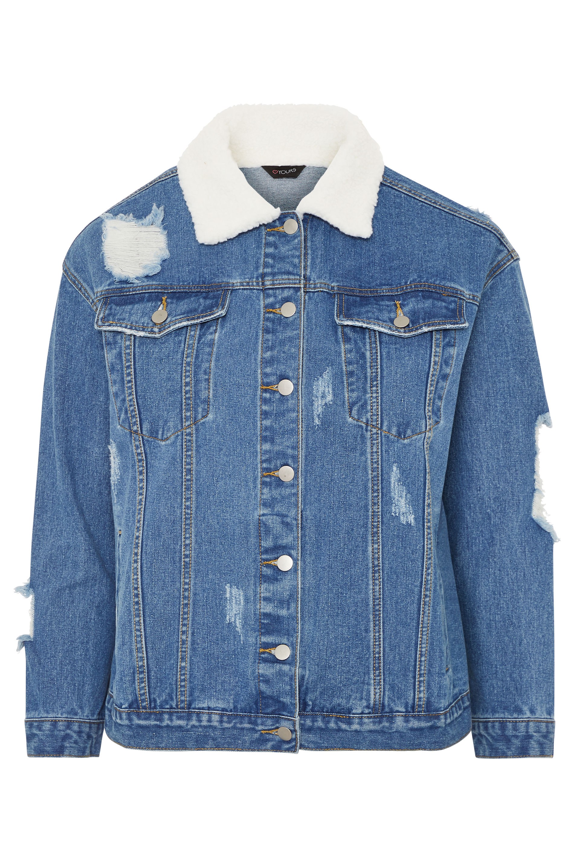 Blue Distressed Teddy Collar Denim Jacket | Yours Clothing