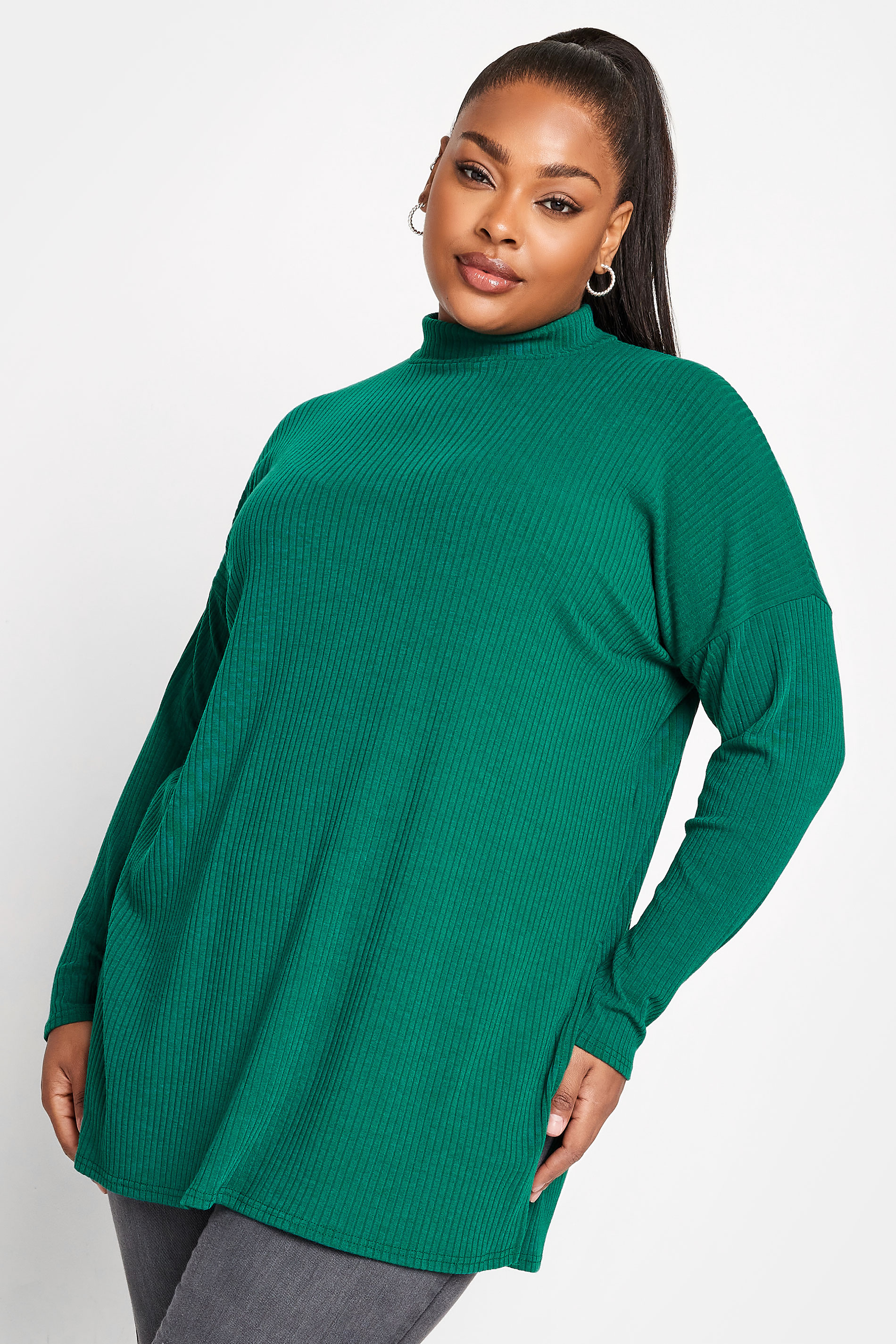 YOURS Plus Size Green Ribbed Turtle Neck Top | Yours Clothing 1