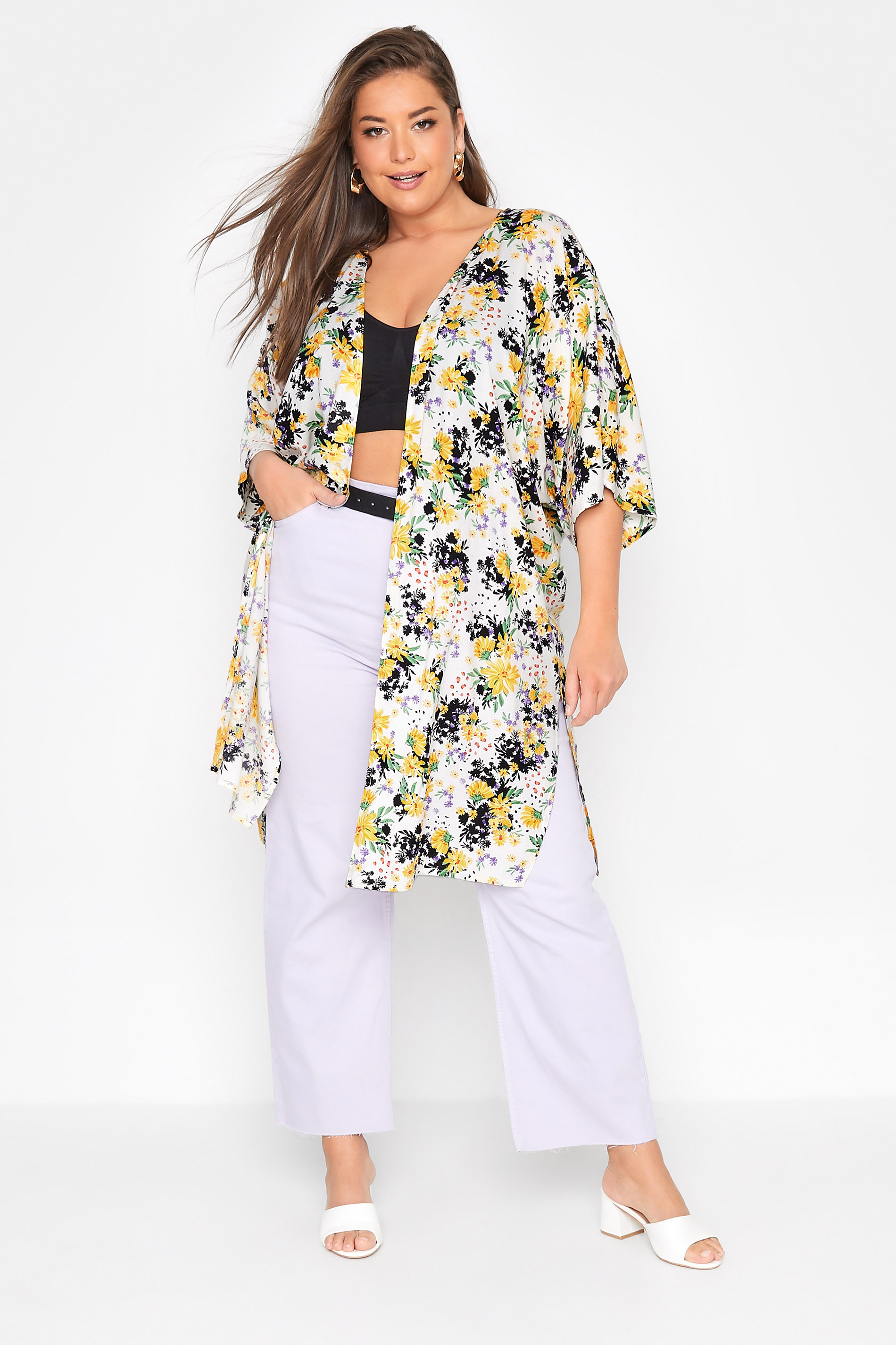 Plus Size Yellow Floral Longline Kimono | Yours Clothing 1