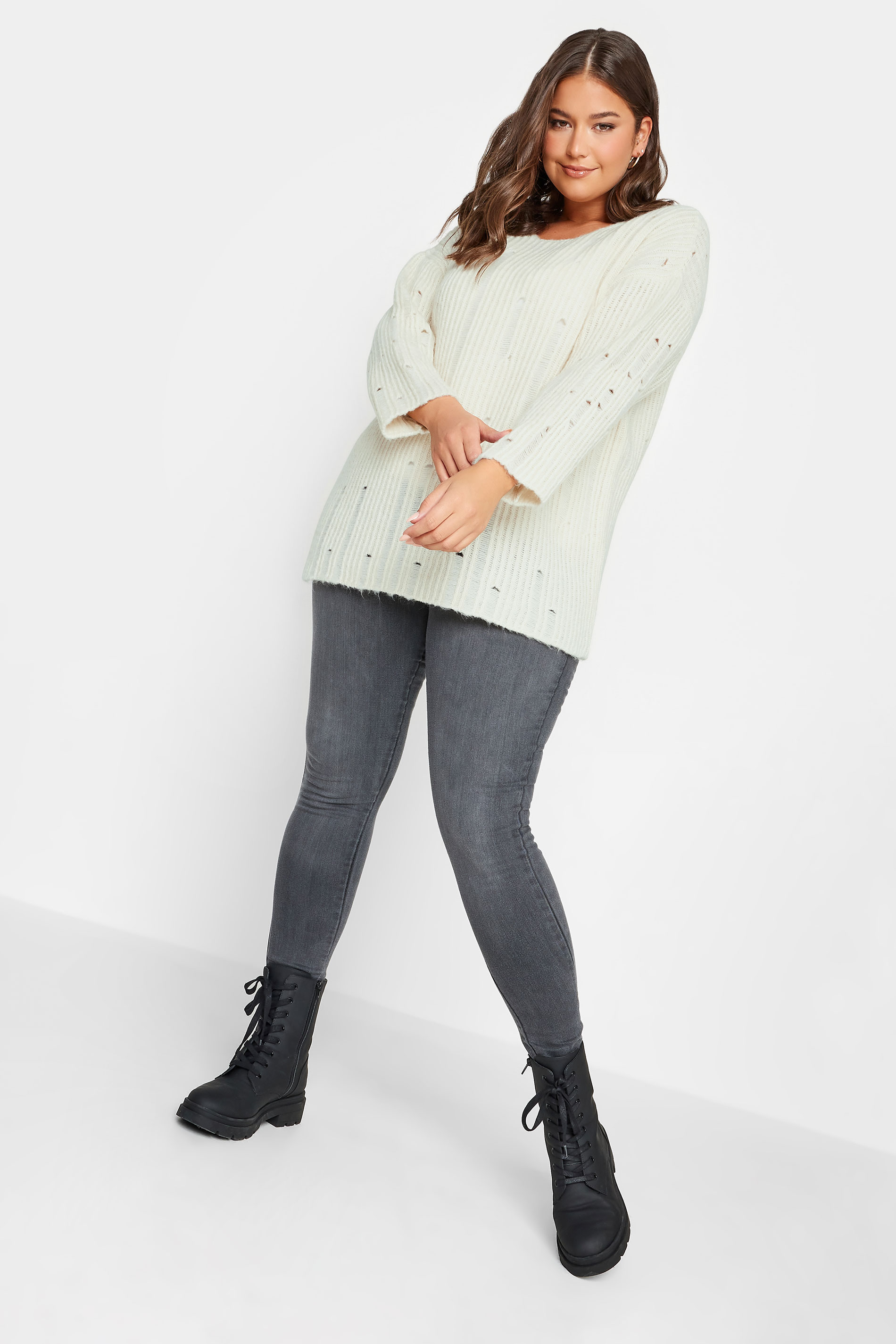 YOURS Plus Size Ivory White Distressed Knit Jumper | Yours Clothing 3