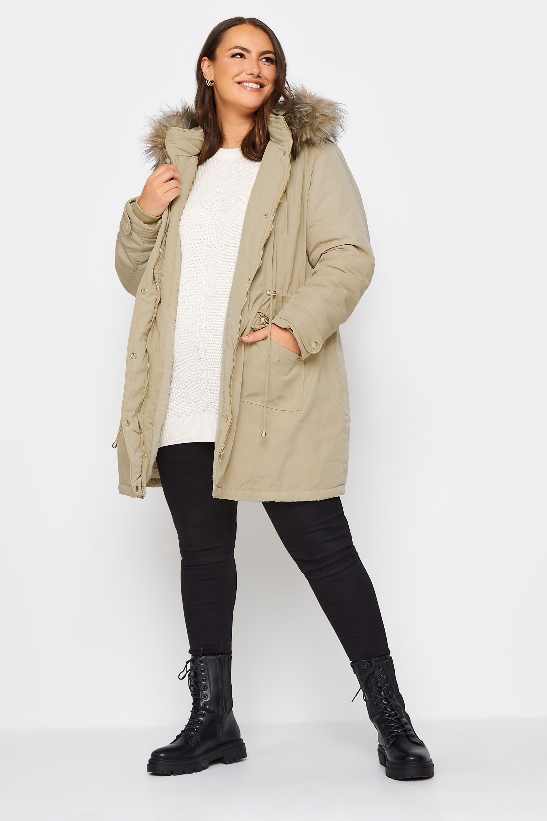 Plus Size Natural Brown Plush Fur Trim Parka Coat | Yours Clothing 3