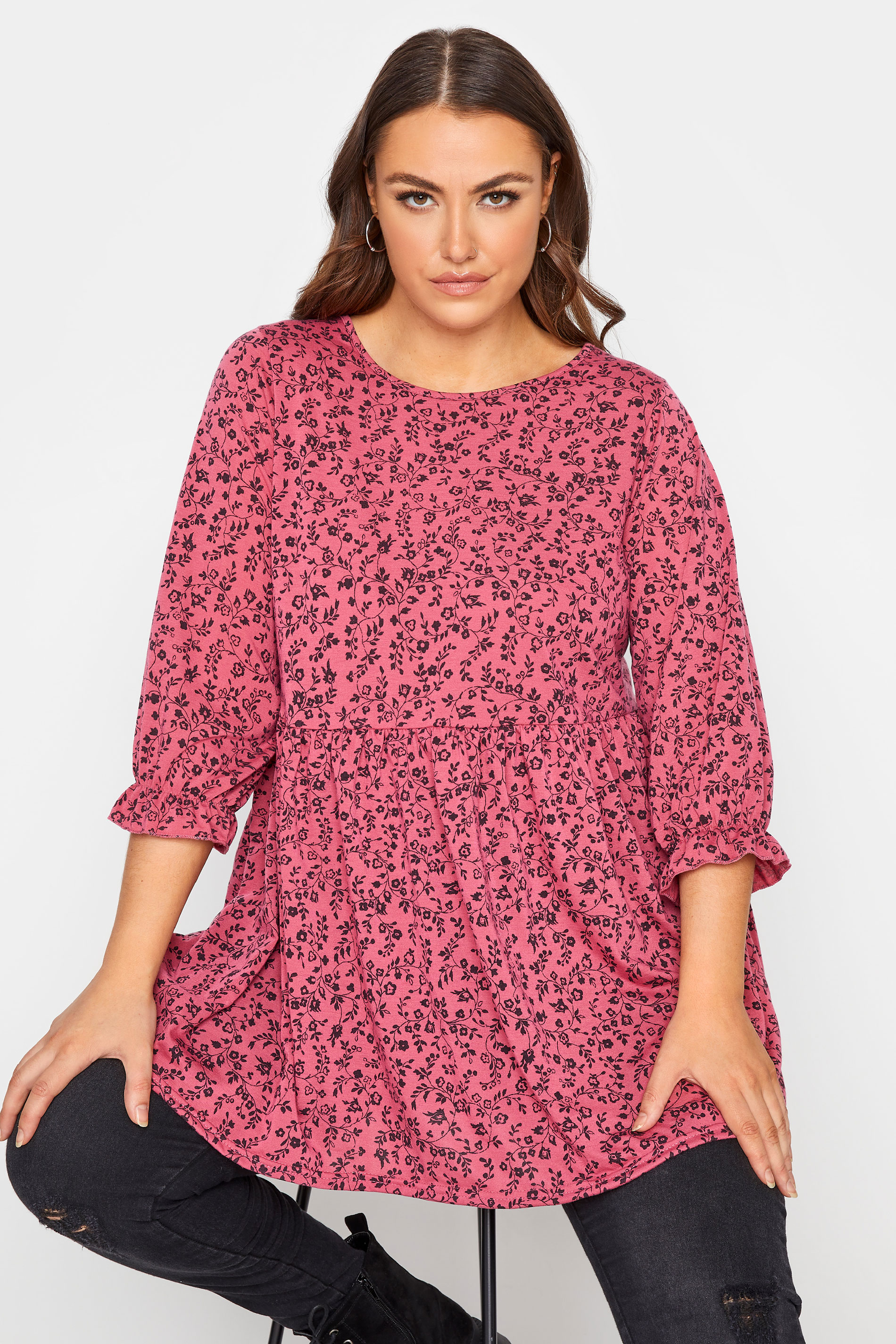LIMITED COLLECTION Curve Pink Ditsy Print Frill Peplum Top 1