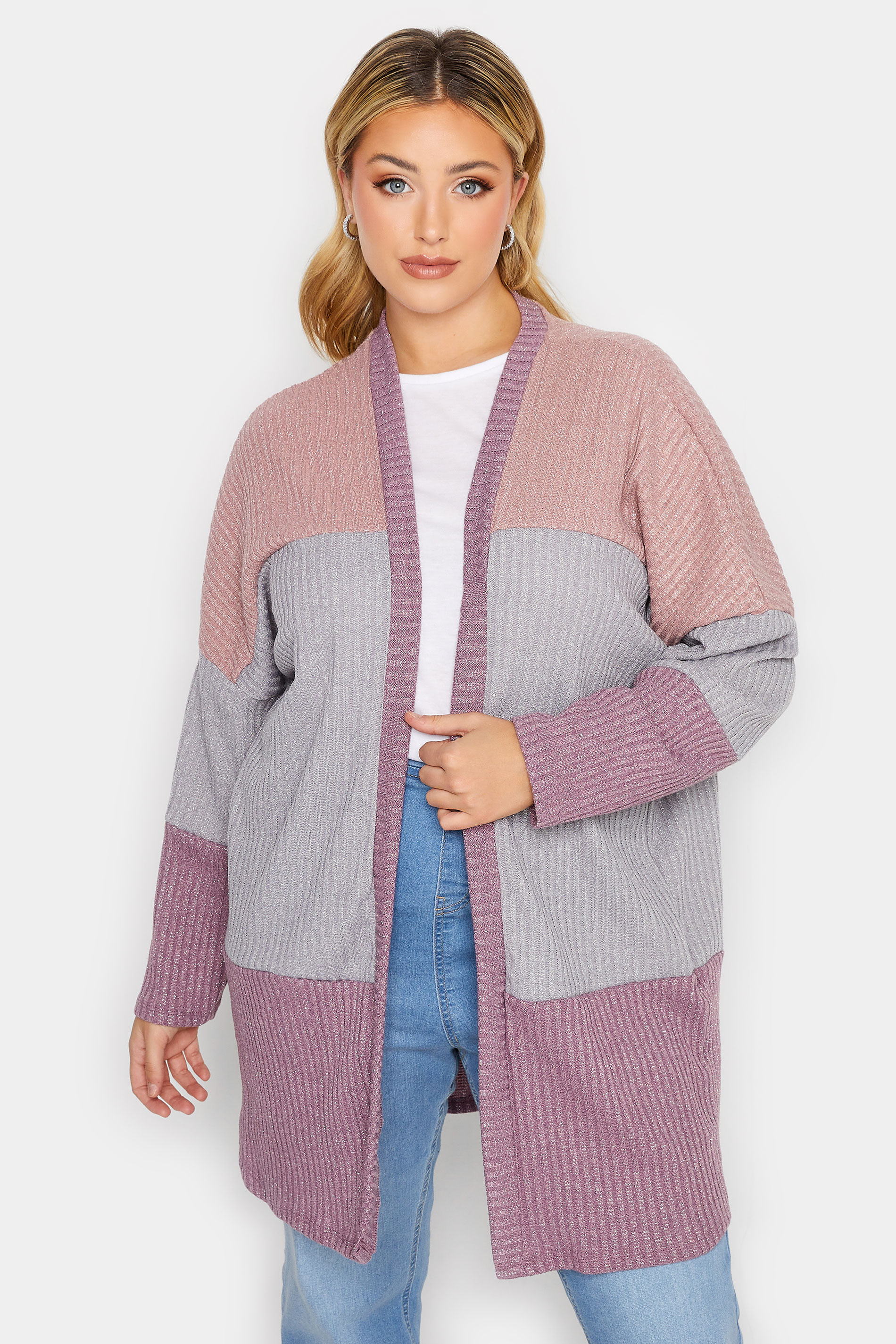 YOURS LUXURY Plus Size Purple Colour Block Soft Touch Cardigan | Yours Clothing 1