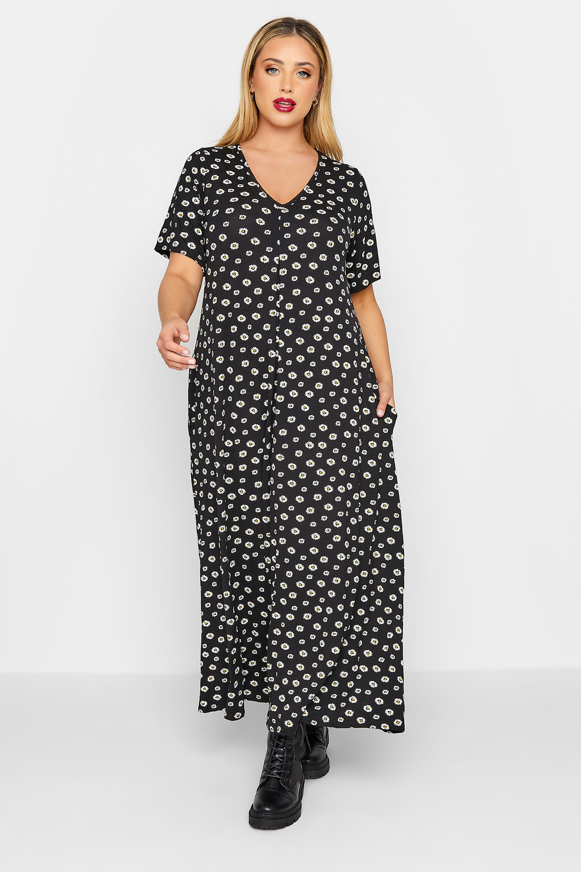 LIMITED COLLECTION Plus Size Black Daisy Pleat Front Maxi Dress | Yours Clothing  1