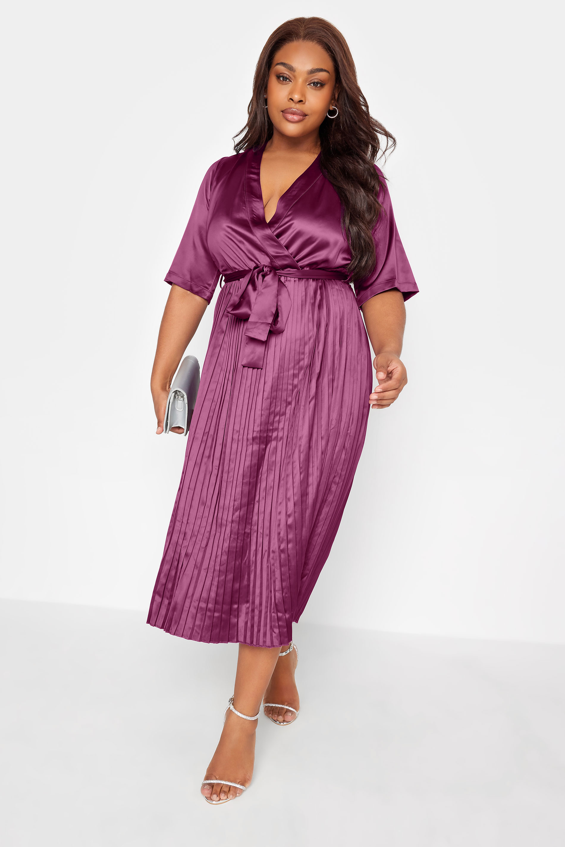 YOURS LONDON Plus Size Purple Satin Pleated Wrap Dress | Yours Clothing 1