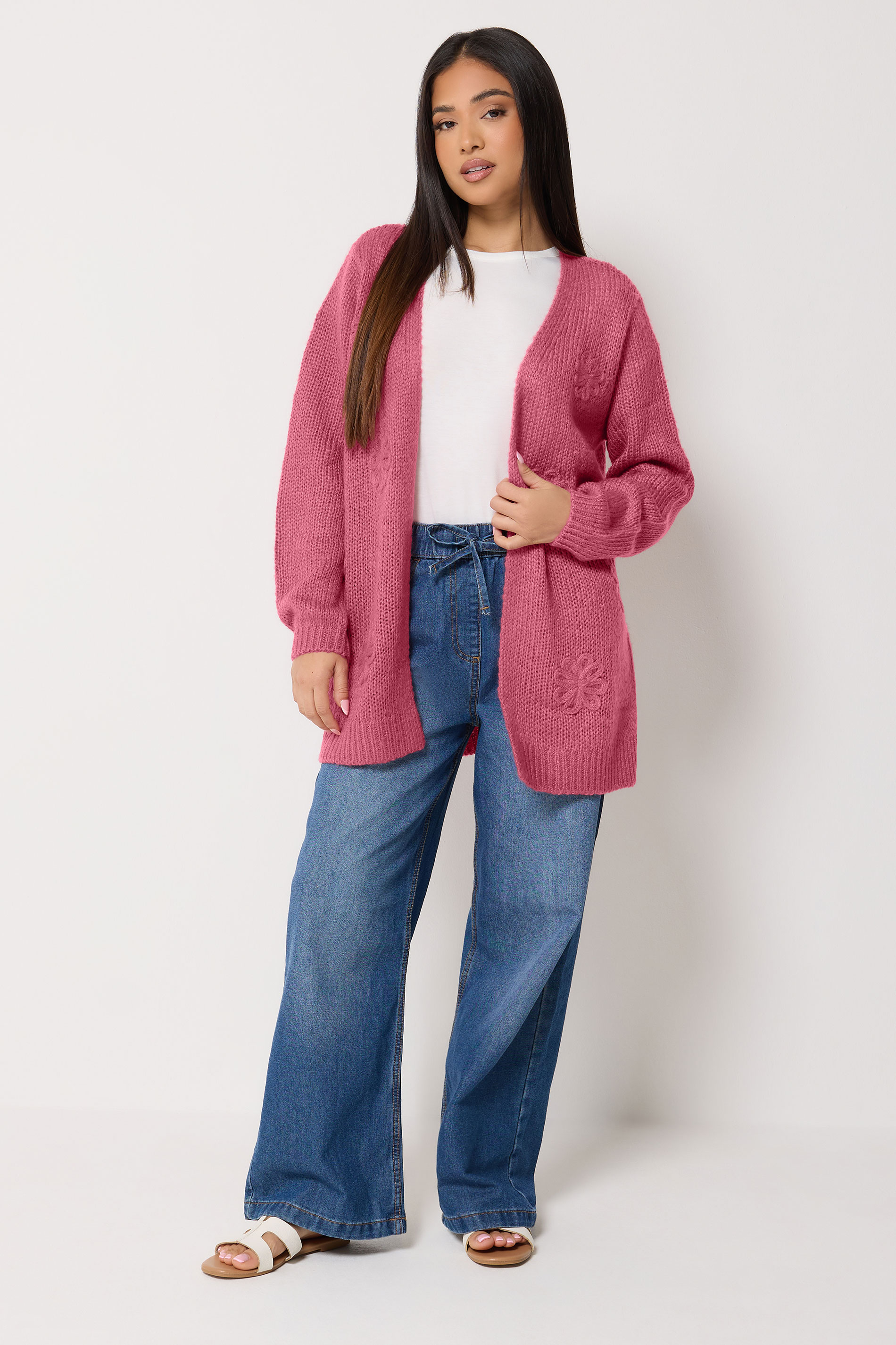 M&Co Petite Pink Flower Embroidered Knitted Cardigan | M&Co 1