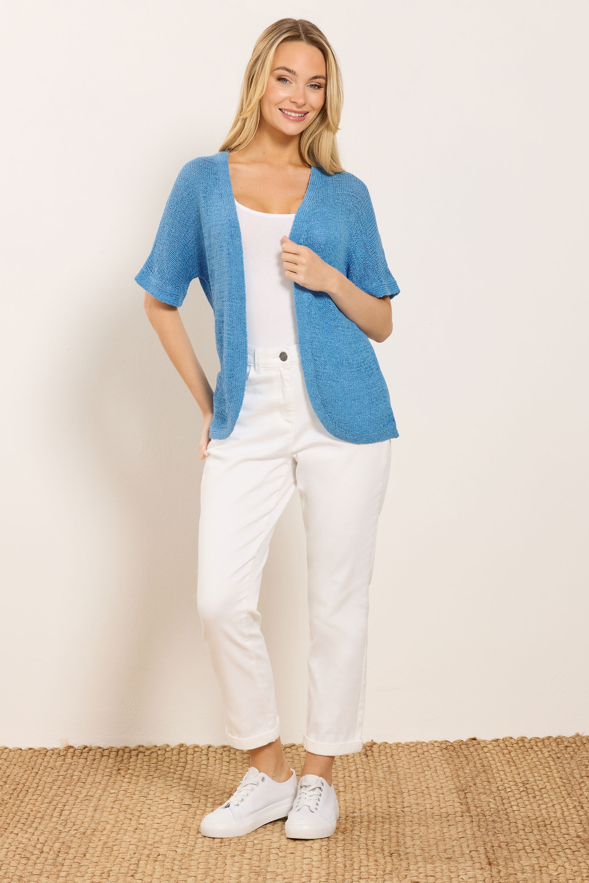 M&Co Blue Short Sleeve Tape Knit Cardigan | M&Co 1