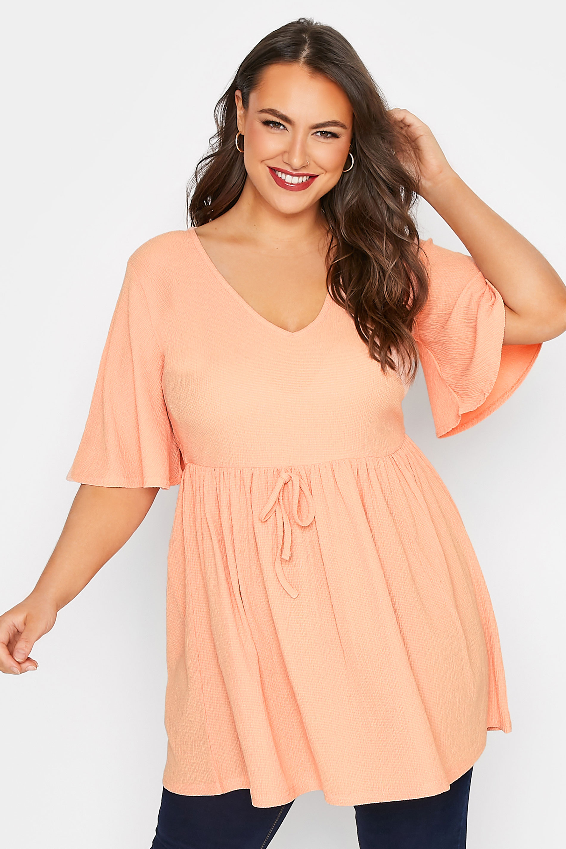 LIMITED COLLECTION Curve Coral Orange Tie Waist Crinkle Top_A.jpg