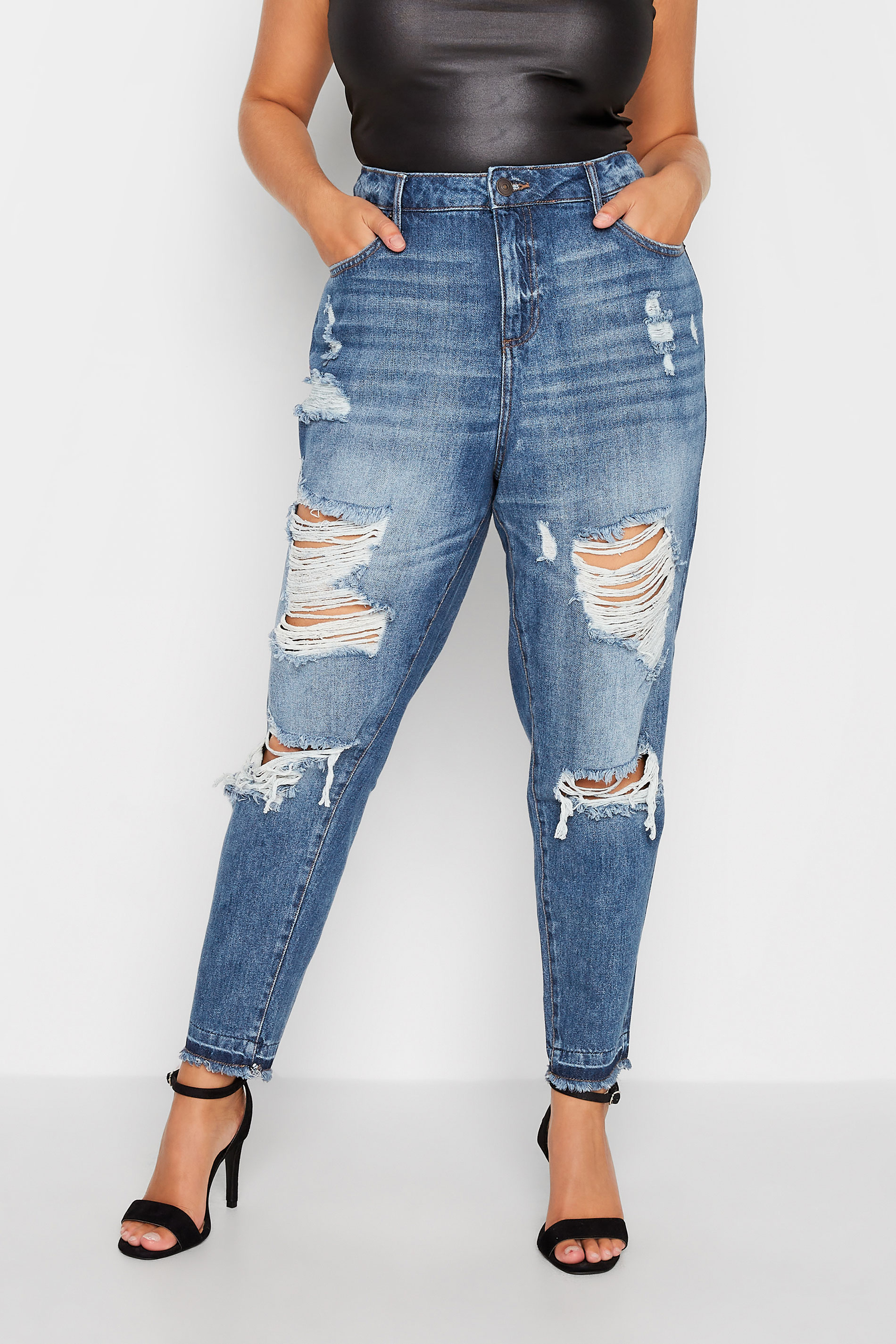 Mid Blue Extreme Distressed MOM Jeans | Yours Clothing 1