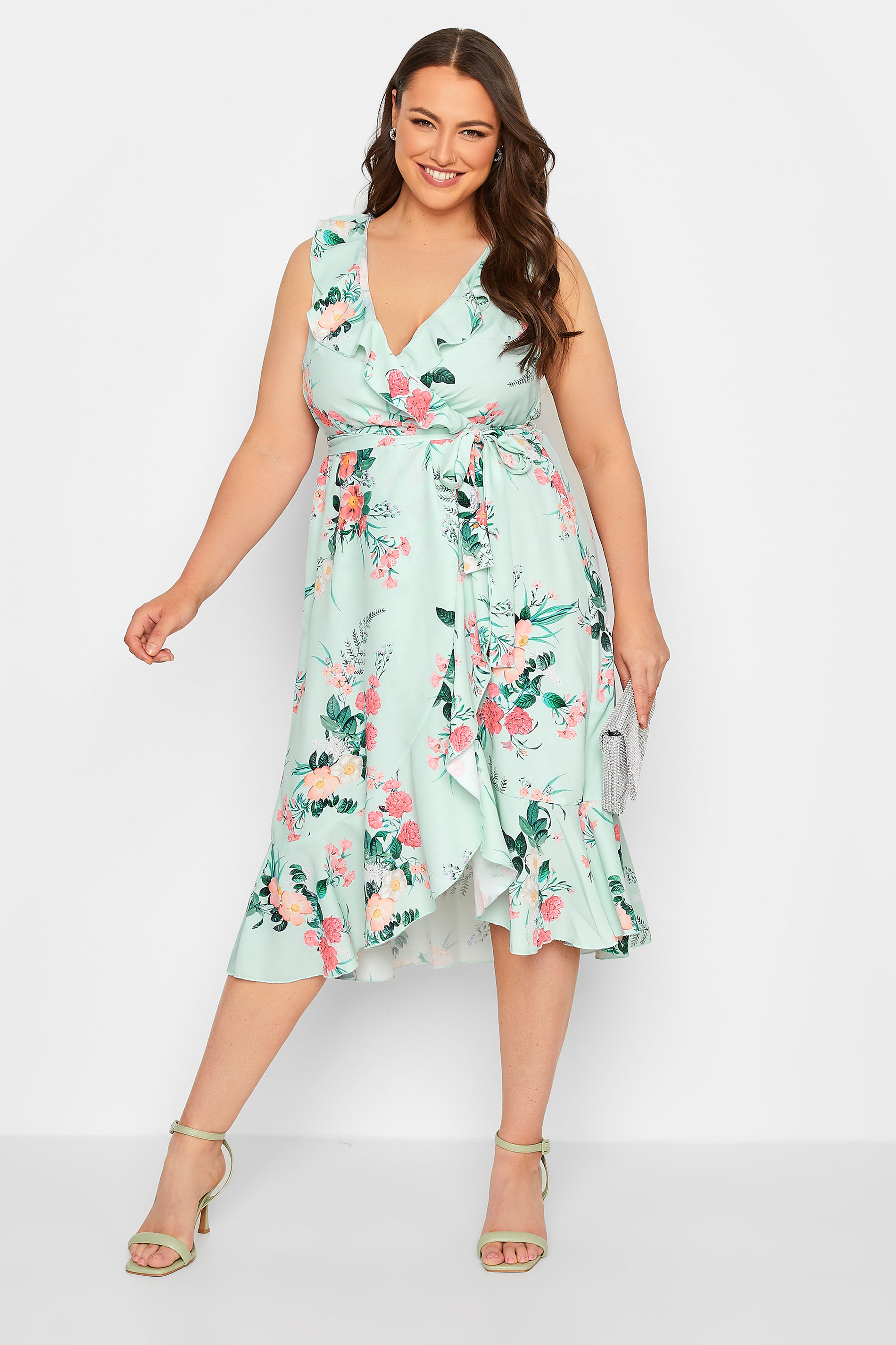 YOURS LONDON Plus Size Green Floral Print Double Ruffle Wrap Dress | Yours Clothing 2