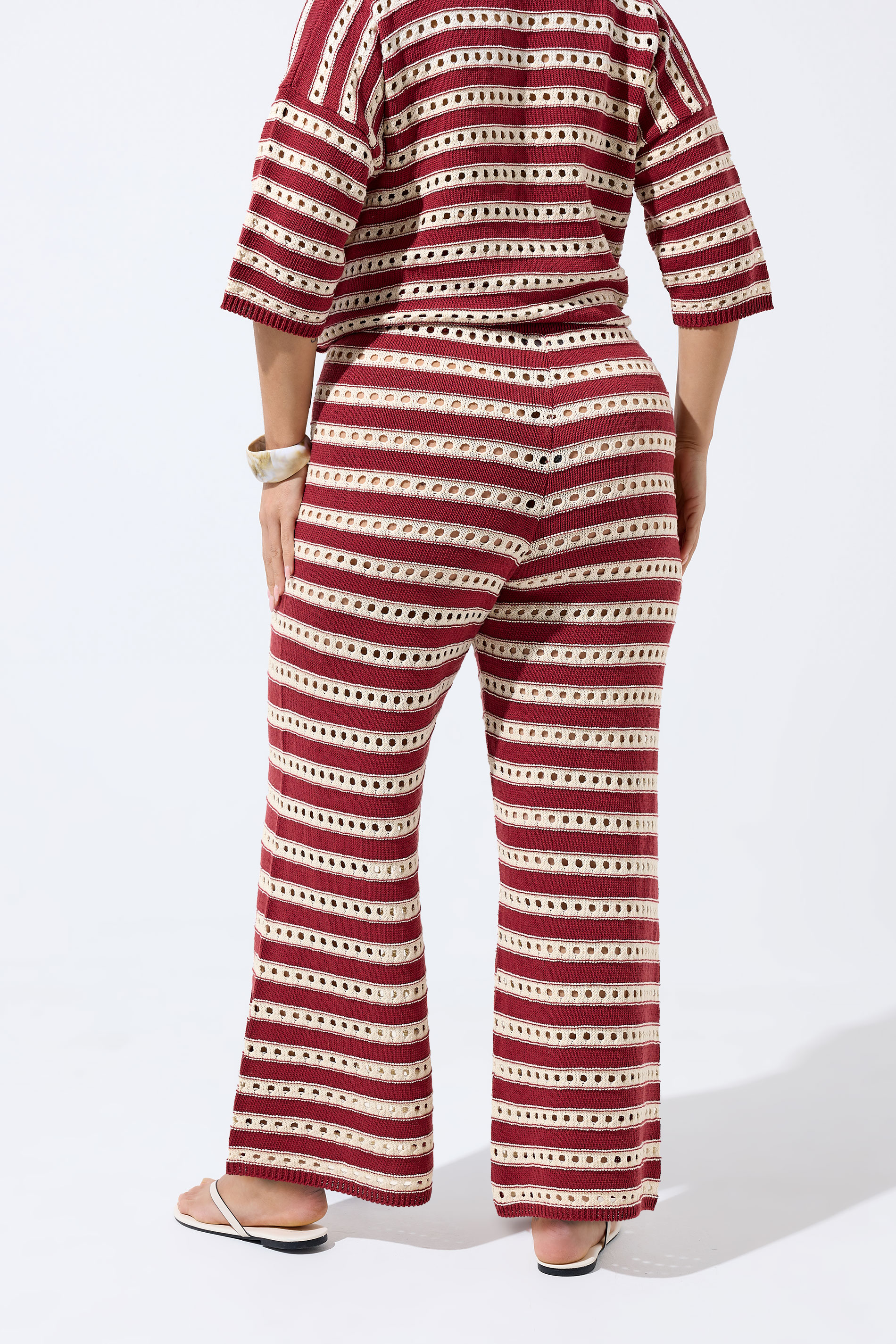 LIMITED COLLECTION Plus Size Burgundy Red Stripe Crochet Wide Leg Trousers | Yours Clothing 2