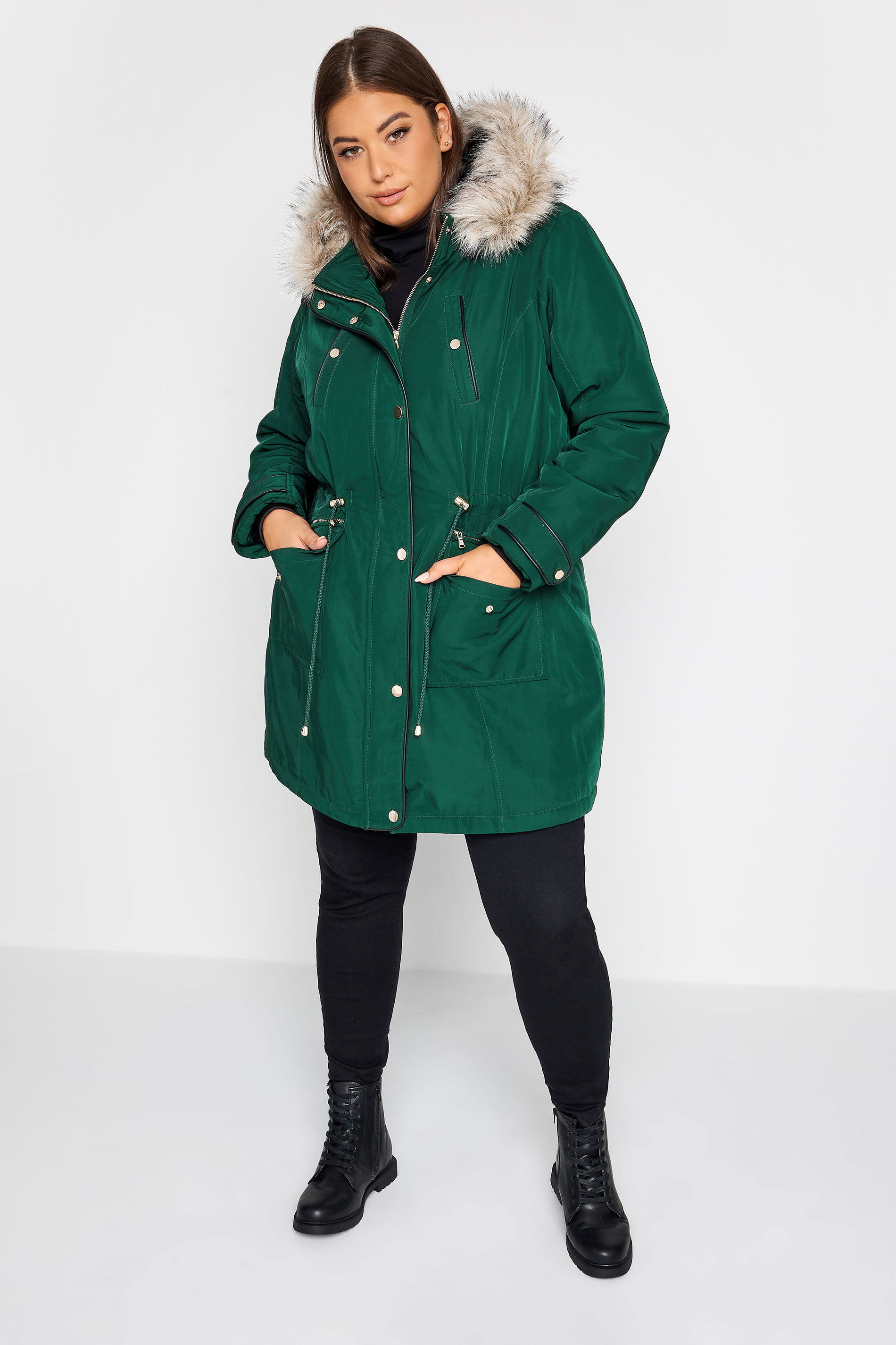 YOURS Plus Size Forest Green Faux Fur Trim Hooded Parka Coat | Yours Clothing 3