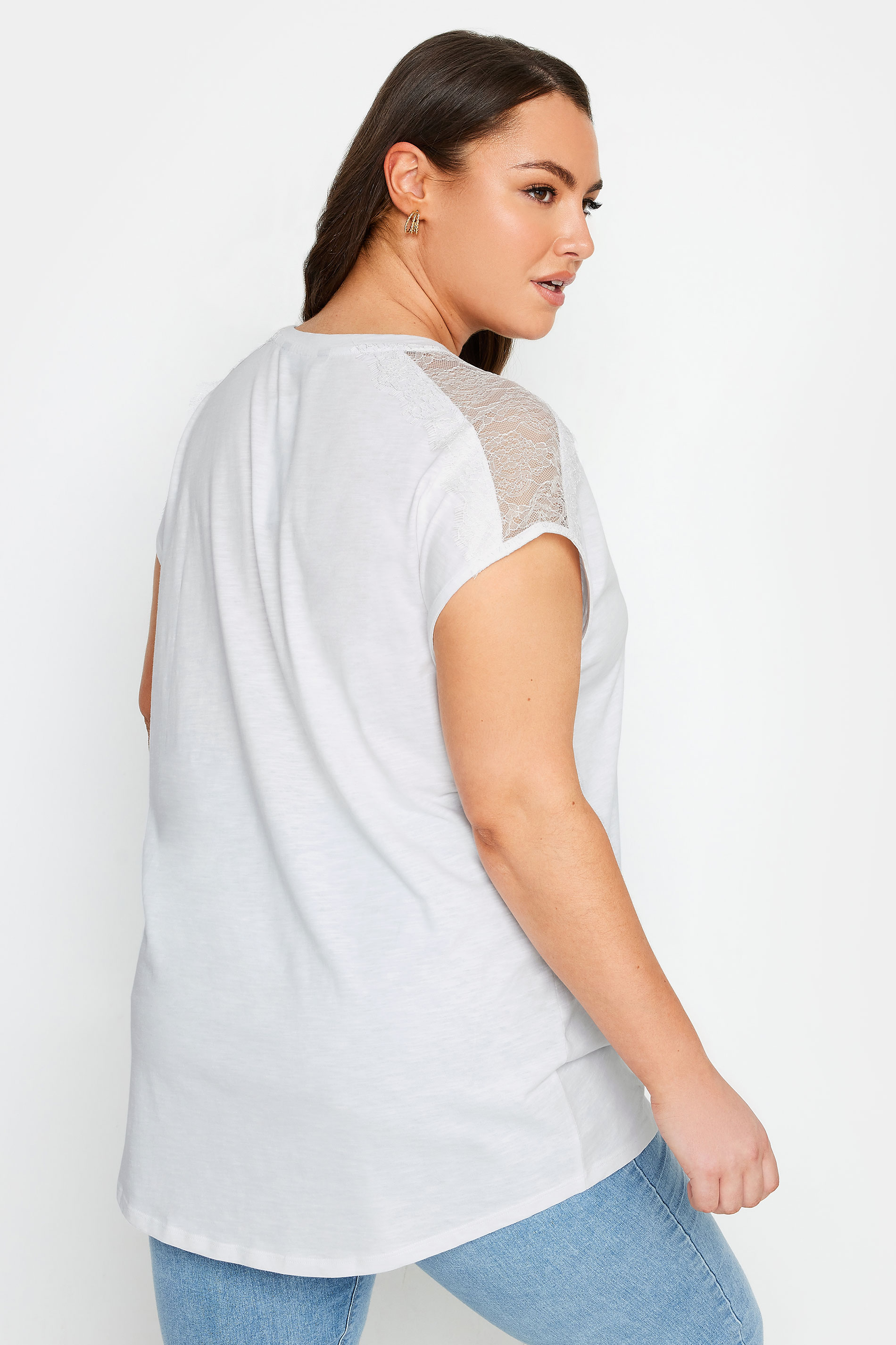 YOURS Plus Size White Lace Shoulder T-Shirt | Yours Clothing 3