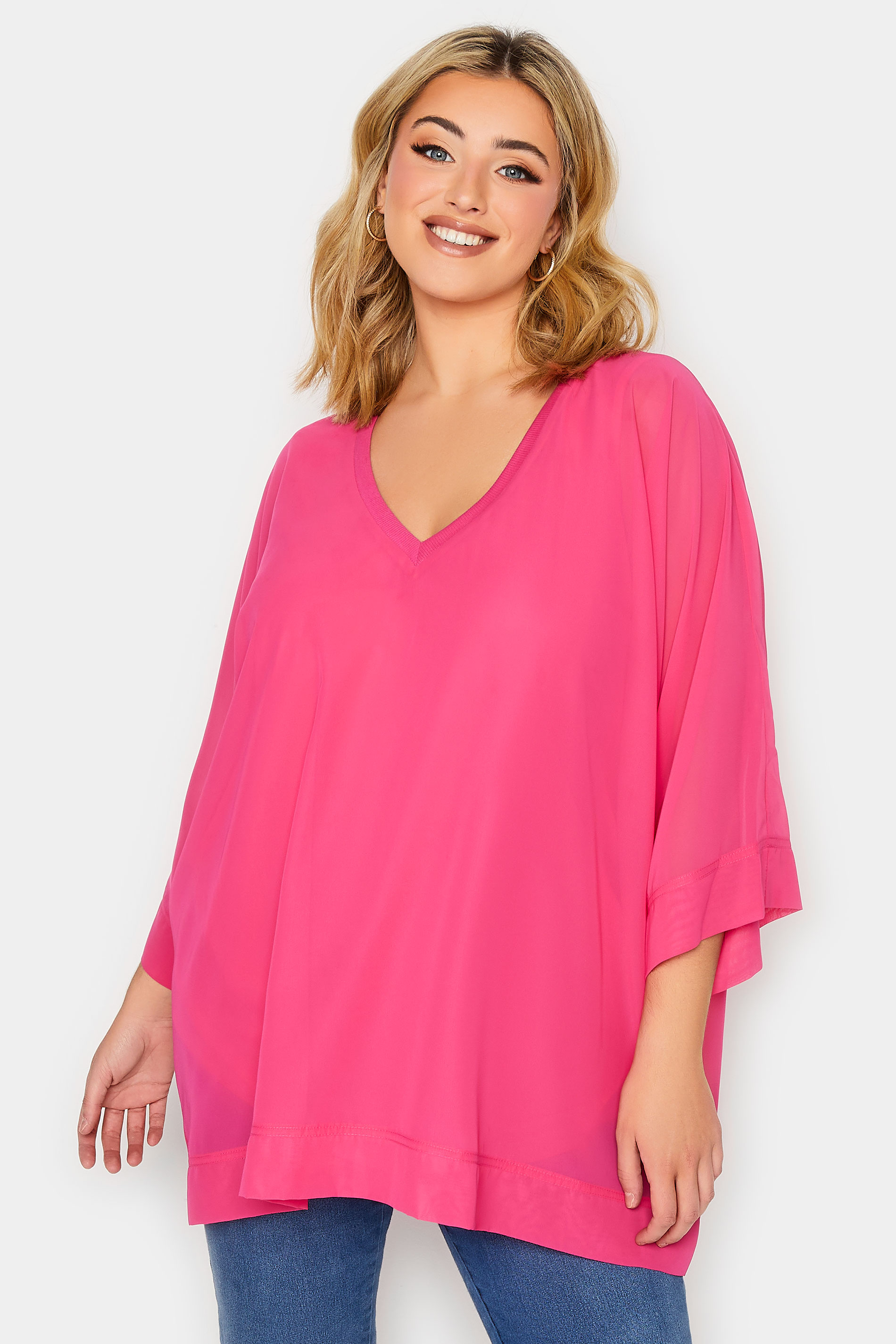 YOURS LONDON Plus Size Curve Bright Pink Chiffon Cape Blouse | Yours Clothing  1