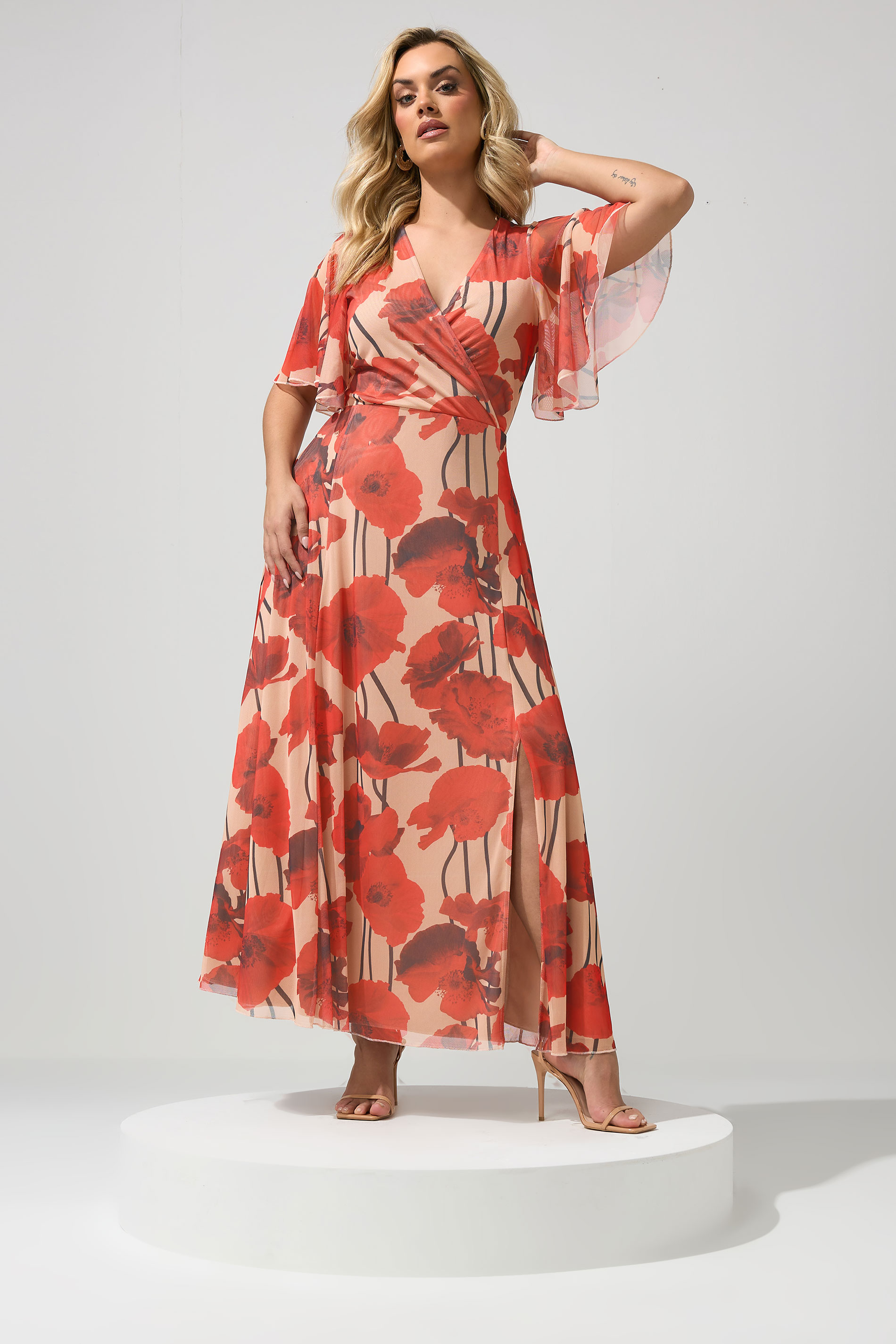YOURS LONDON Plus Size Natural Brown Floral Abstract Mesh Dress | Yours Clothing 3